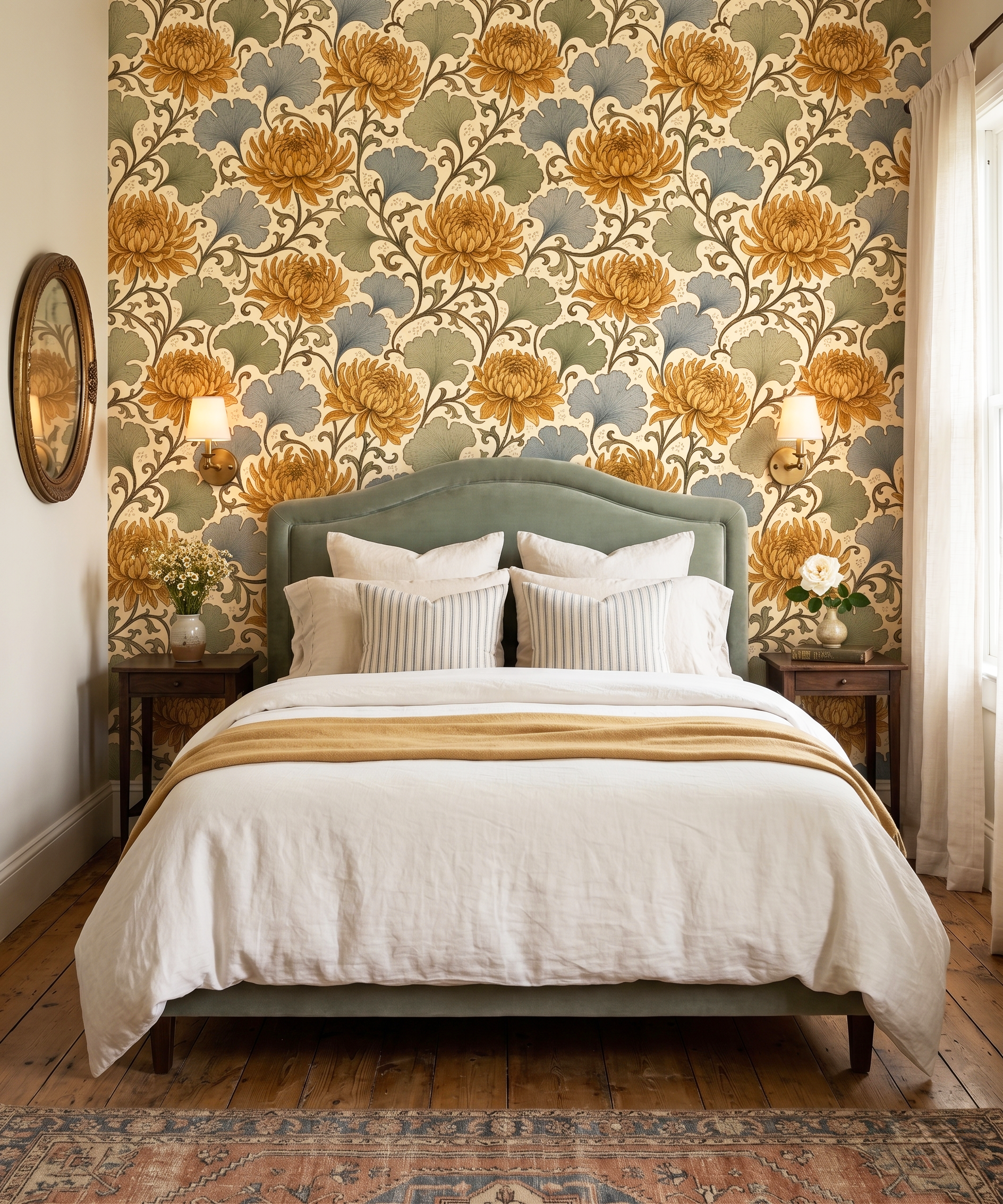 Vintage Floral Art Nouveau Wallpaper Chrysanthemum & Ginkgo Botanical Pattern for Living Room and Bedroom