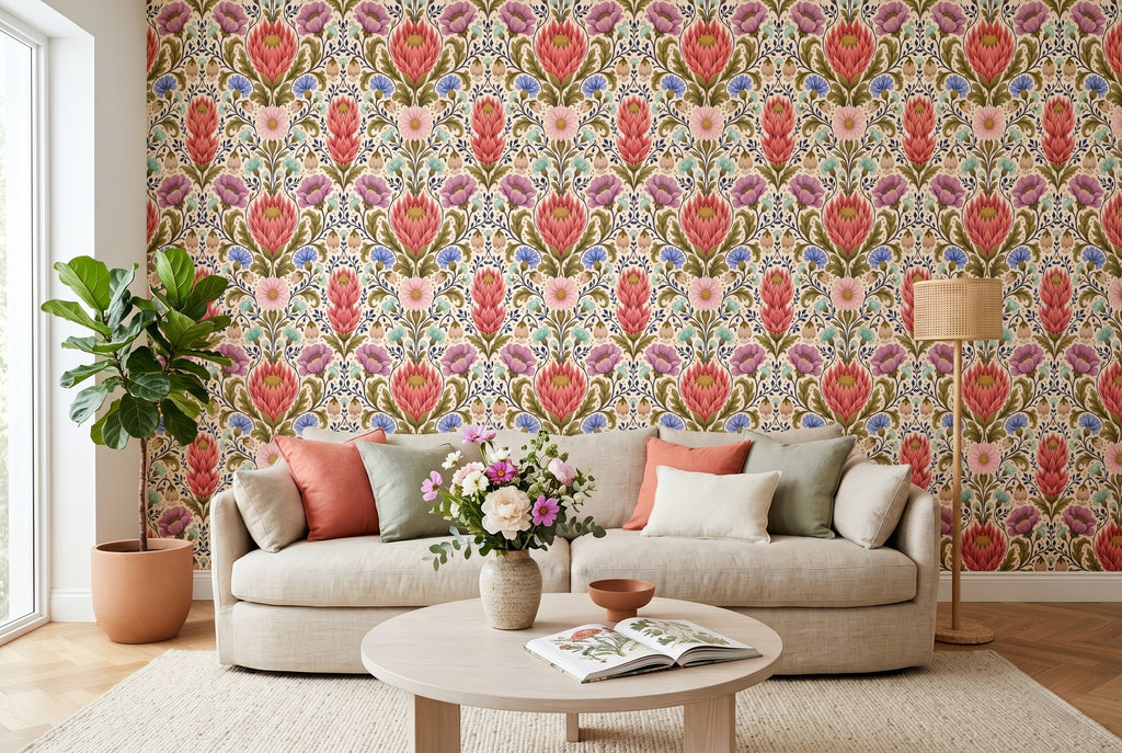 Vintage botanical damask wallpaper styled in a bright living room with natural linen sofa, warm timber furniture, and rattan accessories — peel and stick or traditional paste floral wallpaper by WallpaperPixi