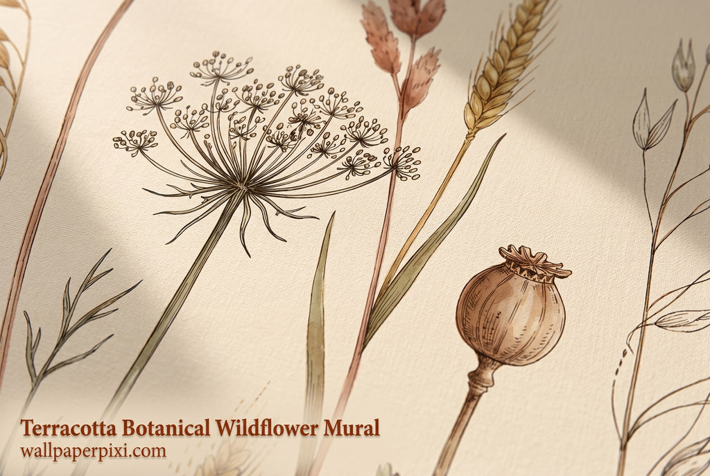 Close-up detail of terracotta botanical wall mural showing wheat stems cow parsley umbels poppy seed pods and wild grass in fine botanical illustration style.