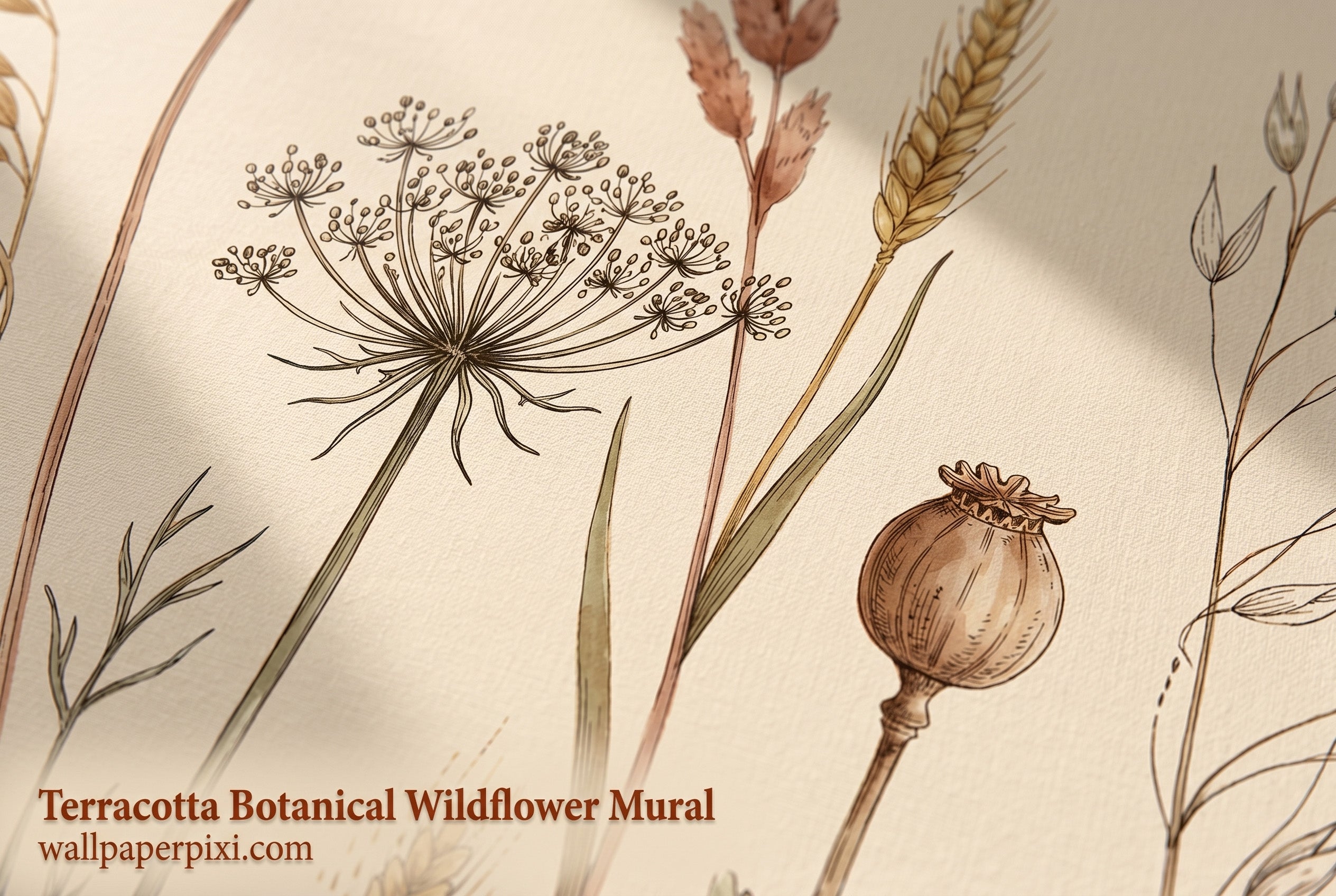 Close-up detail of terracotta botanical wall mural showing wheat stems cow parsley umbels poppy seed pods and wild grass in fine botanical illustration style.