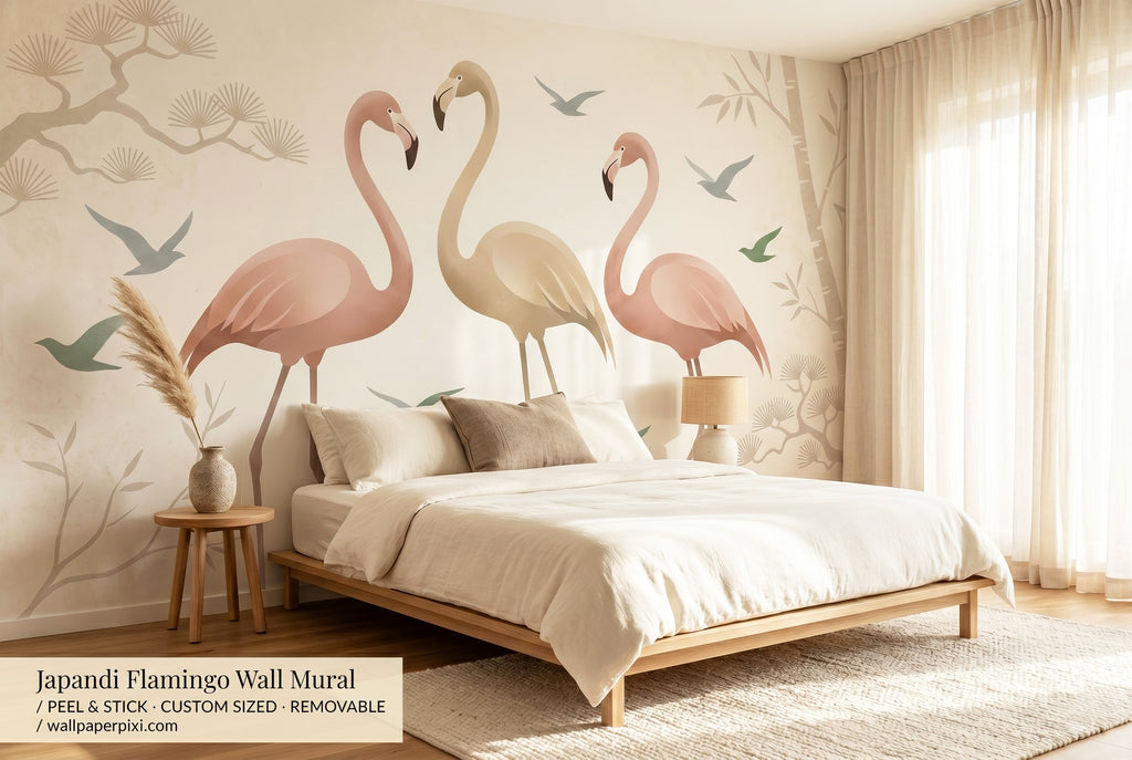 Japandi flamingo peel and stick wall mural in neutral beige and blush for bedroom