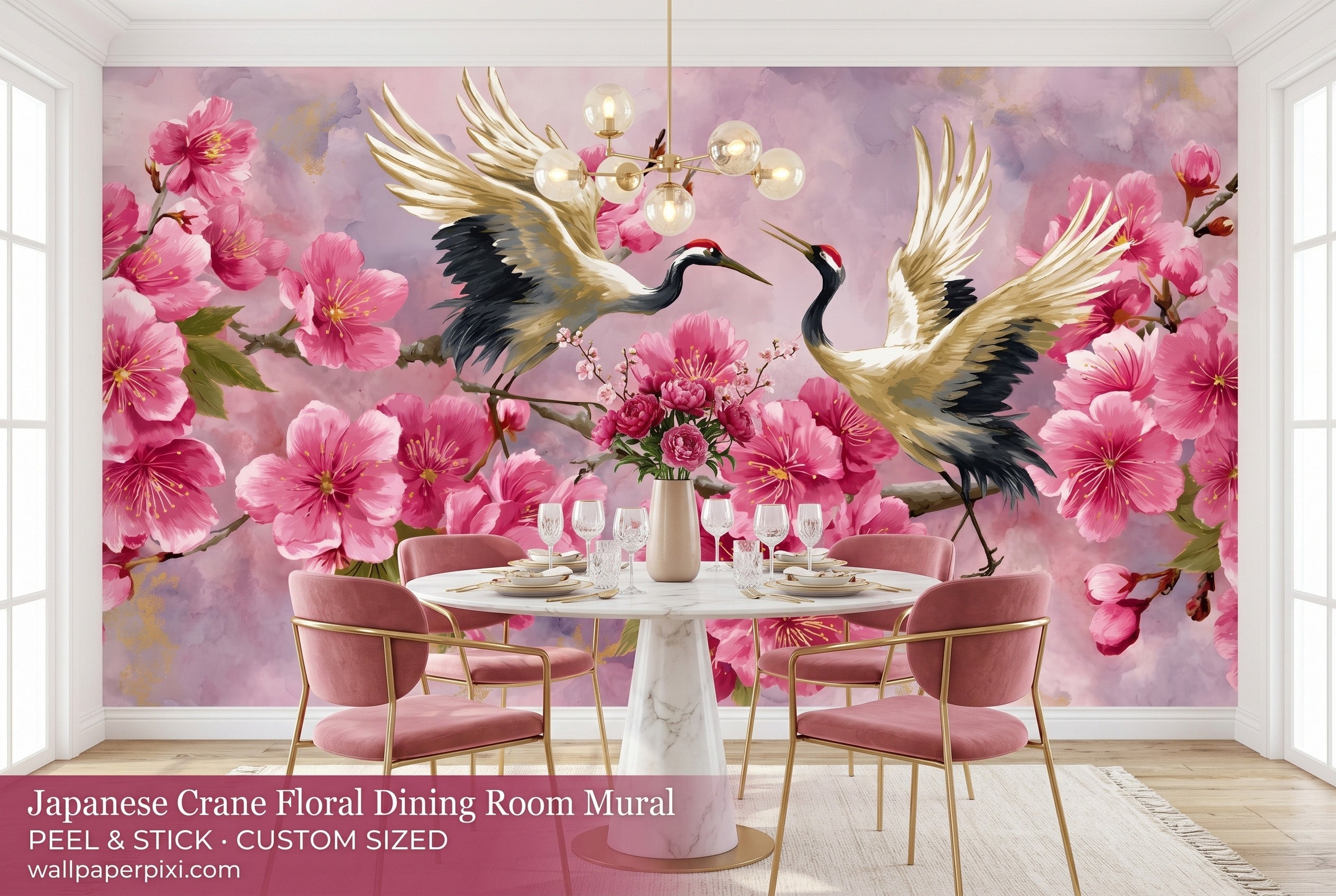 Luxury sakura crane removable mural with gold accents for bedroom
