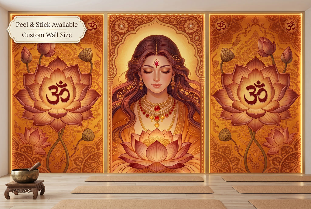 Golden Goddess Lotus Om Wall Mural | Indian Spiritual Triptych