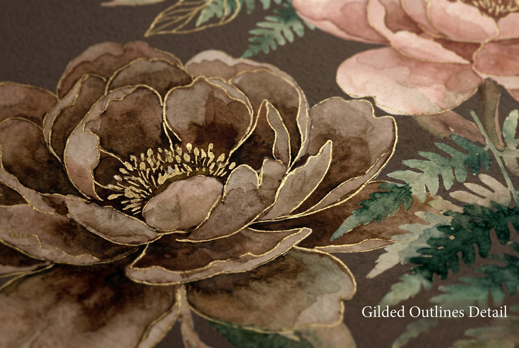 Extreme close-up of the Gilded Peony wallpaper mural showing watercolor texture and fine gold outlines.