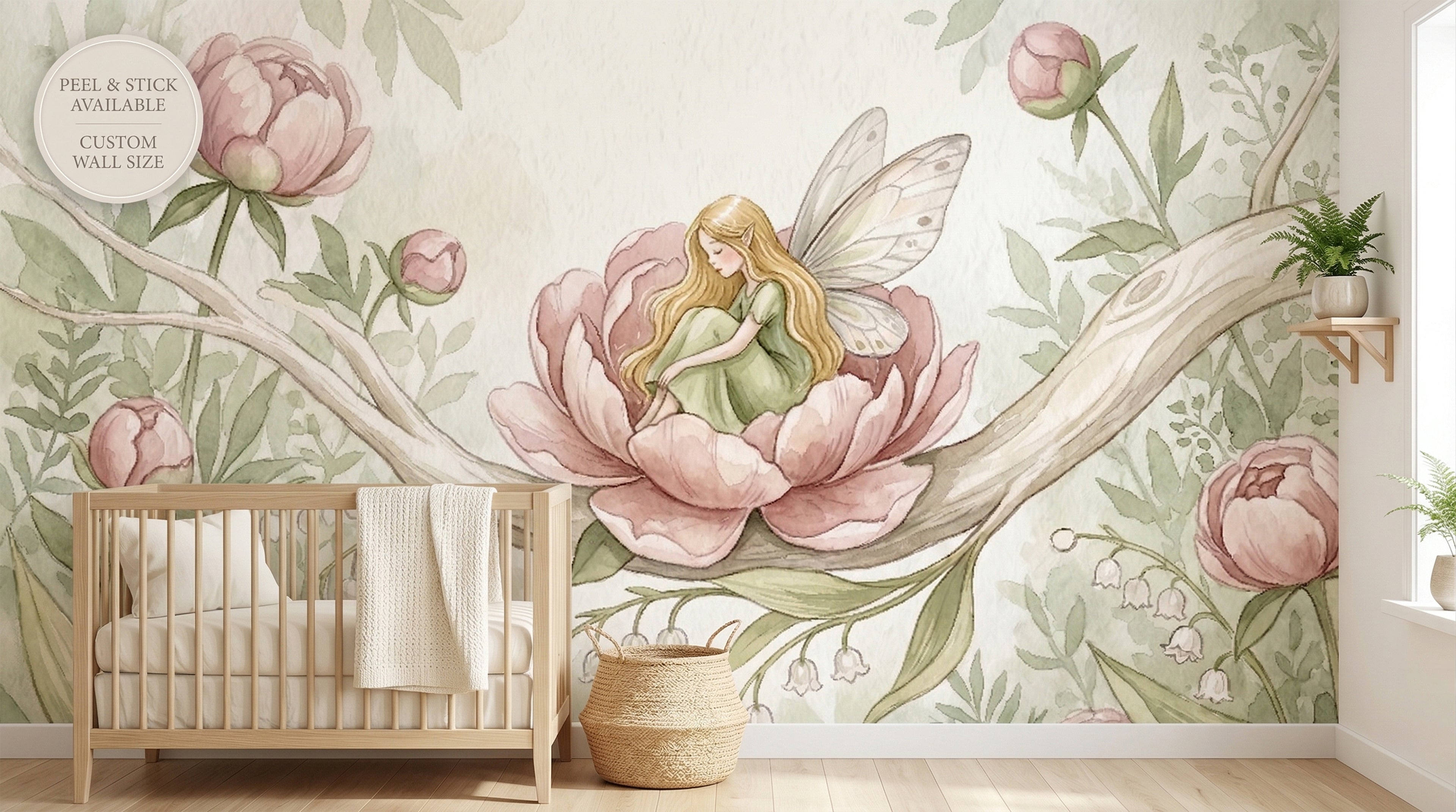 Flower Fairy Peony Wall Mural | Soft Watercolour Botanical Nursery Design