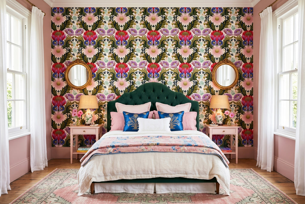 Folk Floral Wallpaper Maximalist Botanical Living Room