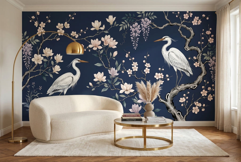 Luxury chinoiserie wallpaper mural featuring two white herons among magnolia blossoms, cherry blossom branches, and wisteria on a deep navy blue background — premium botanical bird wall art by WallpaperPixi
