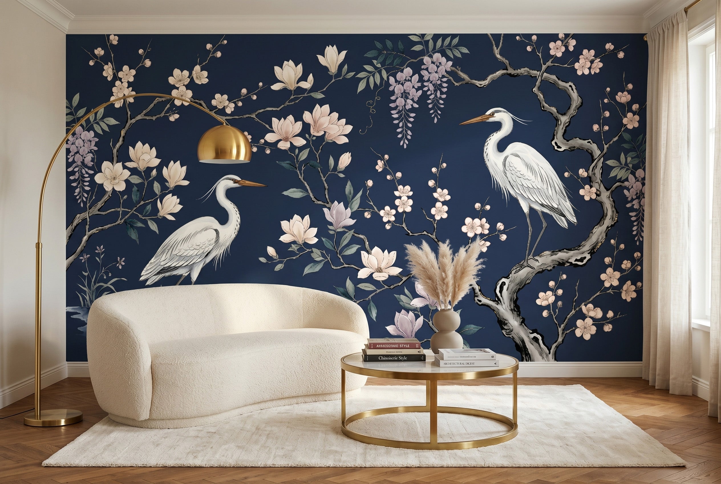 Luxury chinoiserie wallpaper mural featuring two white herons among magnolia blossoms, cherry blossom branches, and wisteria on a deep navy blue background — premium botanical bird wall art by WallpaperPixi
