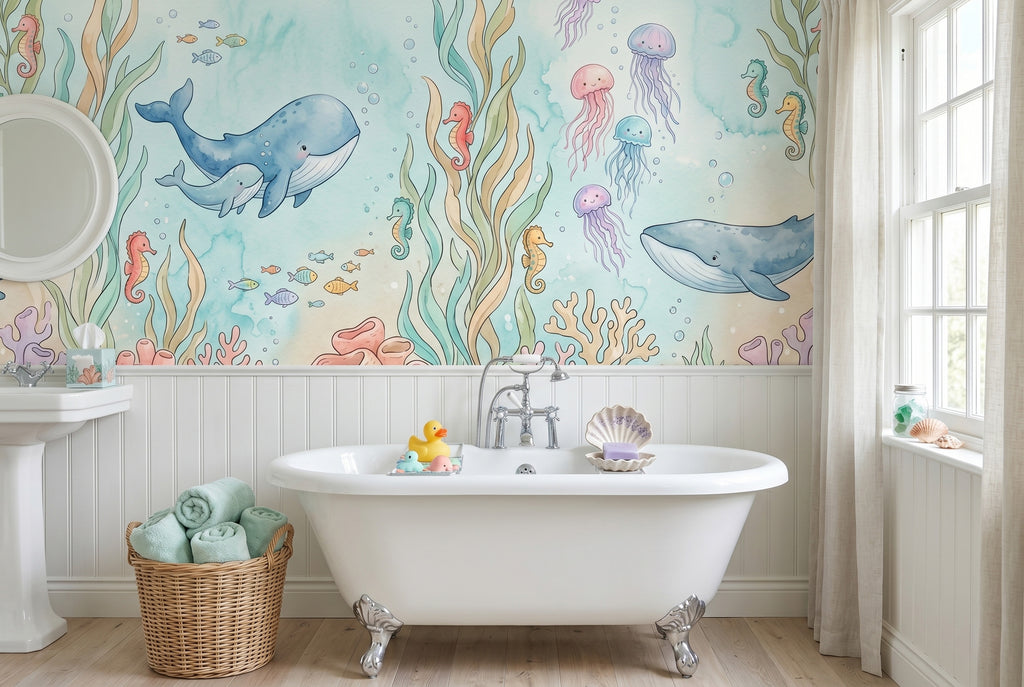 Pastel watercolour under the sea nursery wallpaper featuring 
hand-painted whales, smiling jellyfish, seahorses, and colourful 
coral reef installed as a feature wall behind a white wooden 
crib in a soft, gender-neutral baby nursery with natural 
daylight.