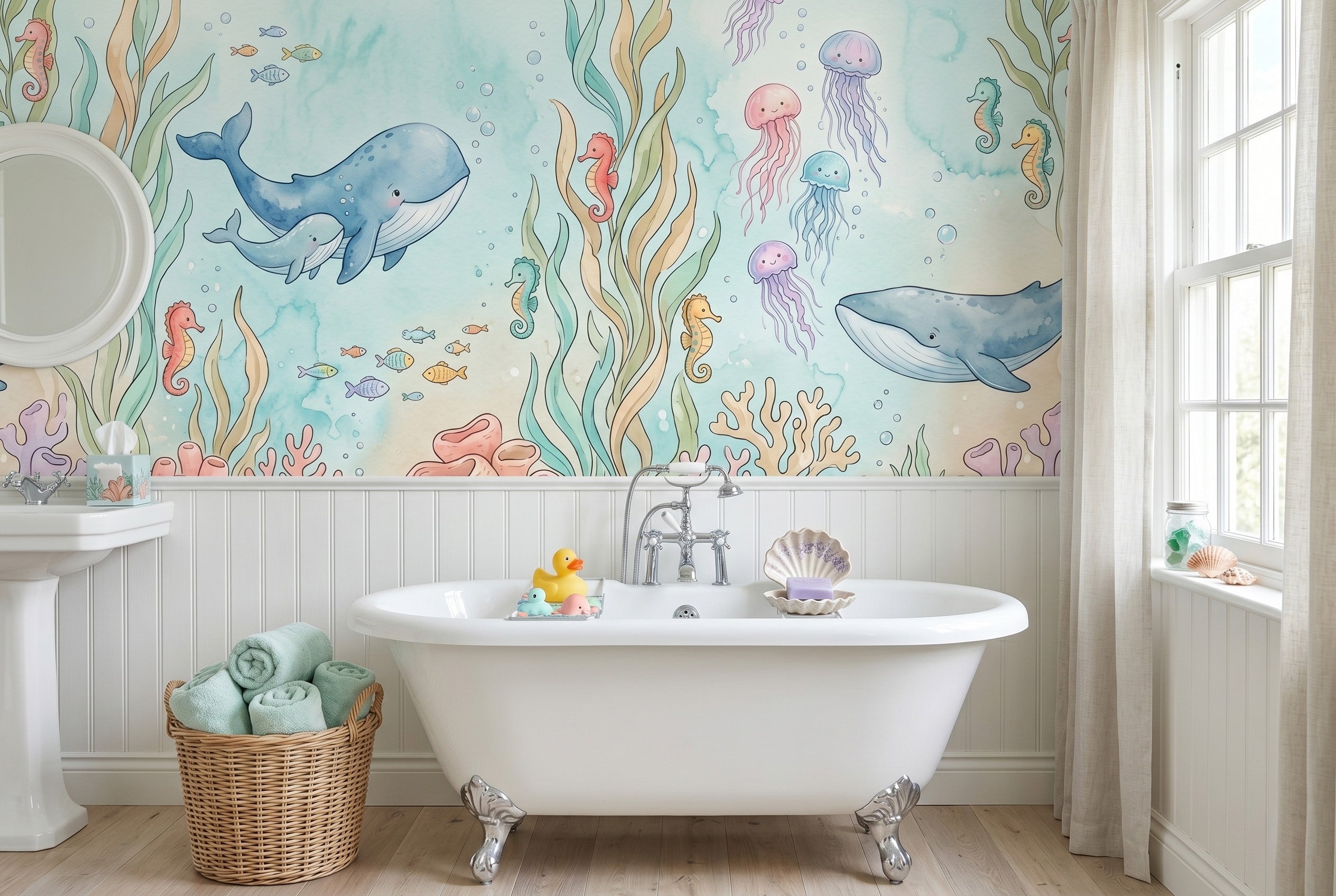 Pastel watercolour under the sea nursery wallpaper featuring 
hand-painted whales, smiling jellyfish, seahorses, and colourful 
coral reef installed as a feature wall behind a white wooden 
crib in a soft, gender-neutral baby nursery with natural 
daylight.