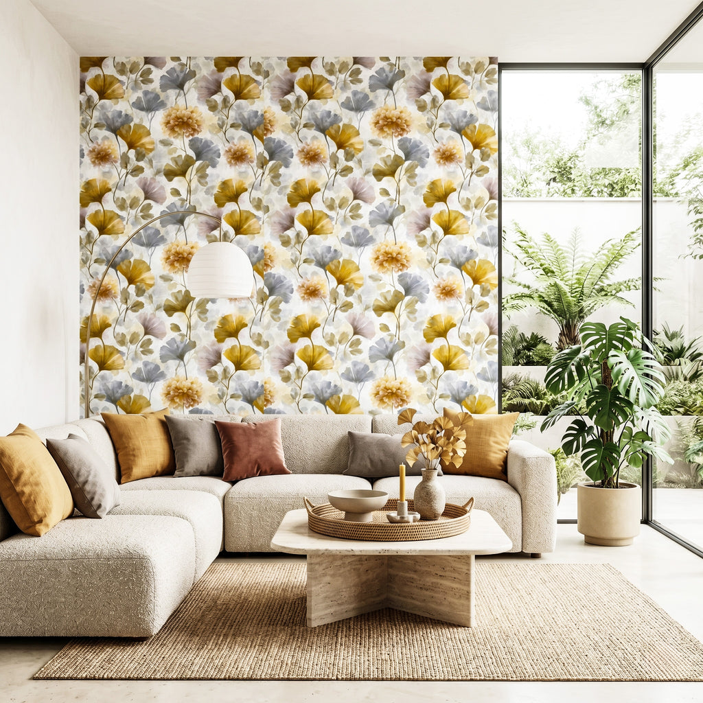 Watercolour Floral Wallpaper Gold Ginkgo Botanical Bedroom