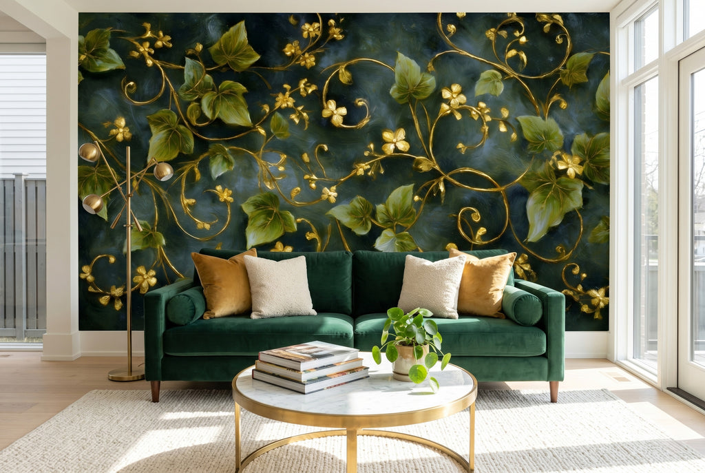 Dark botanical green and gold ivy wall mural in a bright living room behind an emerald velvet sofa with gold and cream cushions