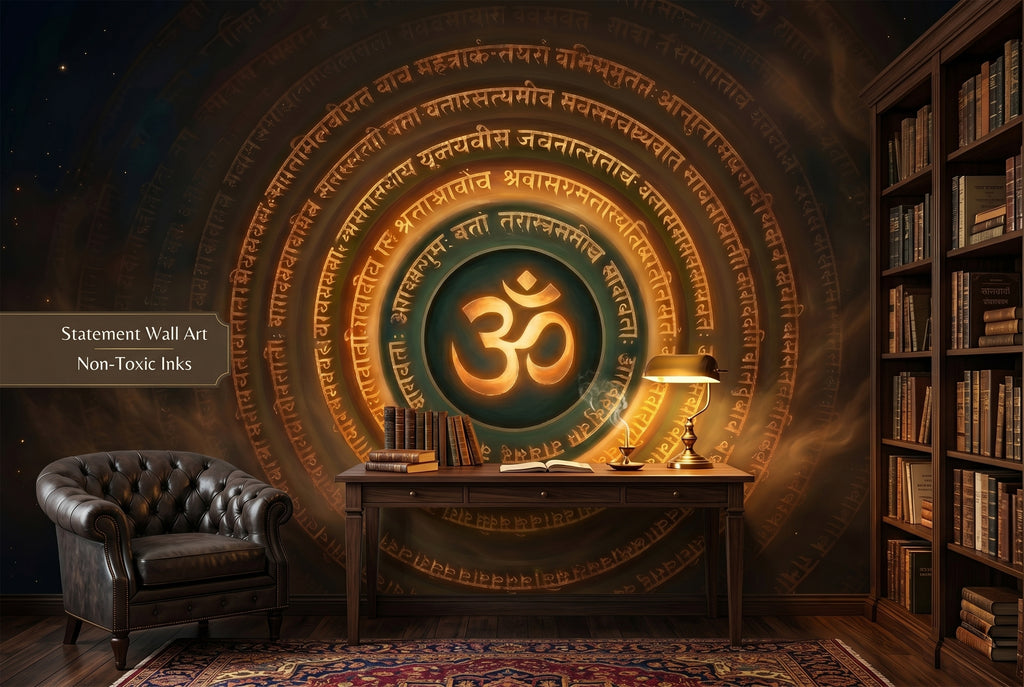 Om Symbol Mandala Wall Mural | Dark Cosmic Sanskrit Meditation Design
