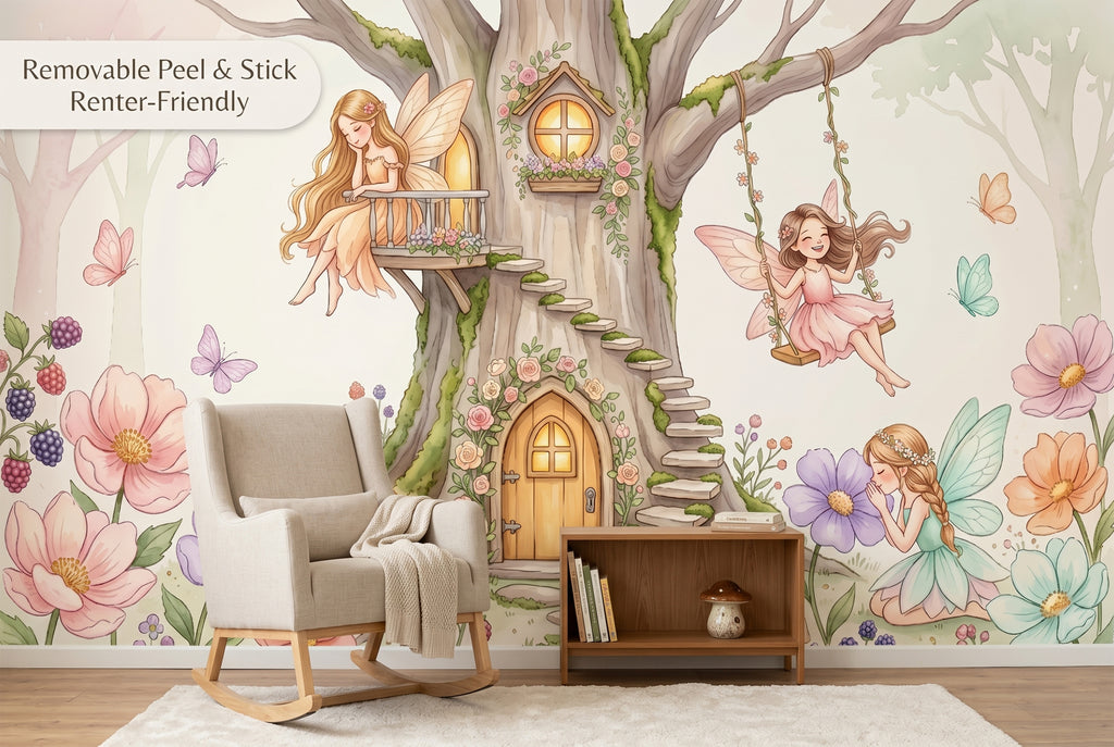 Fairy Swing Tree House Wall Mural | Whimsical Watercolour Nursery Design