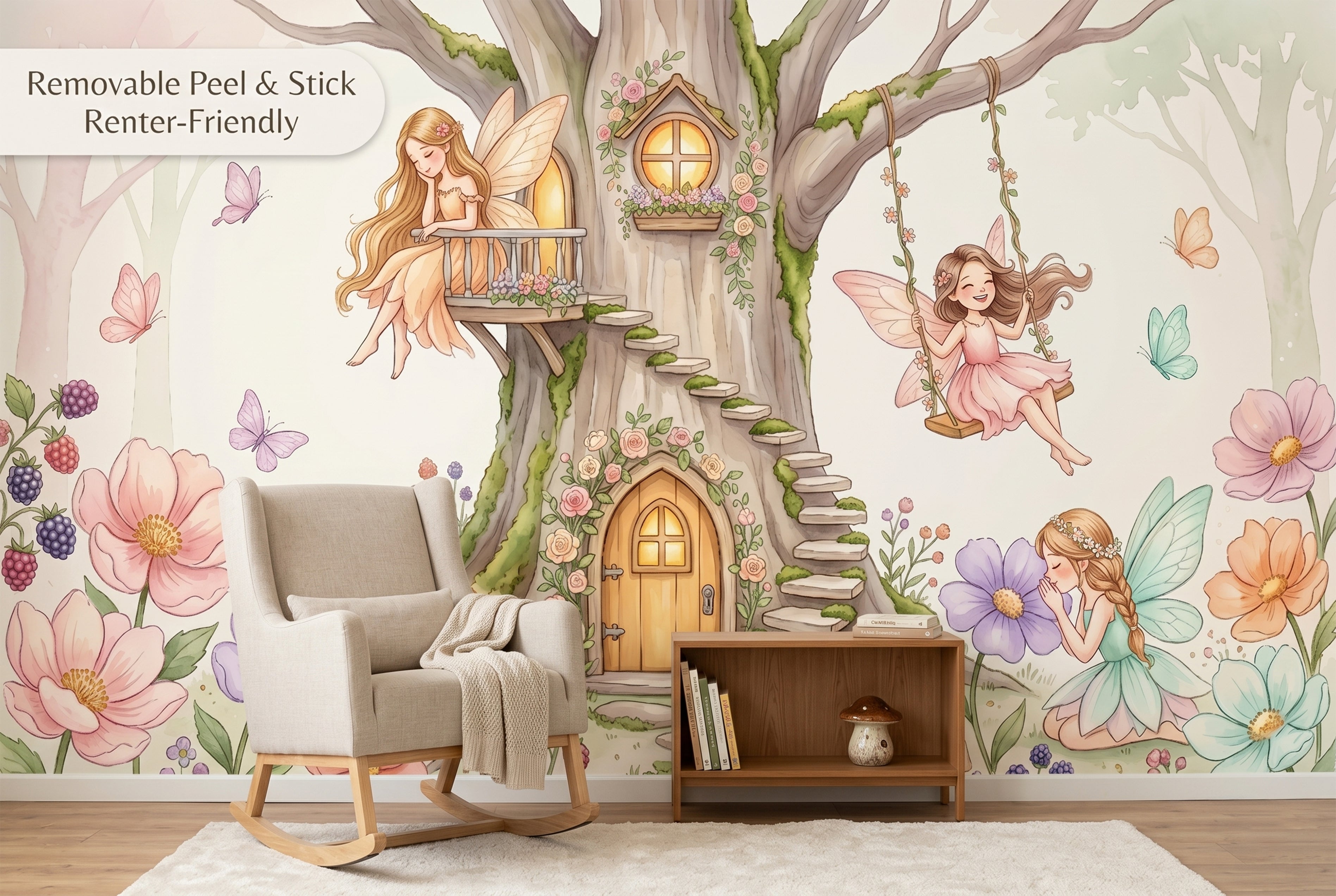 Fairy Swing Tree House Wall Mural | Whimsical Watercolour Nursery Design