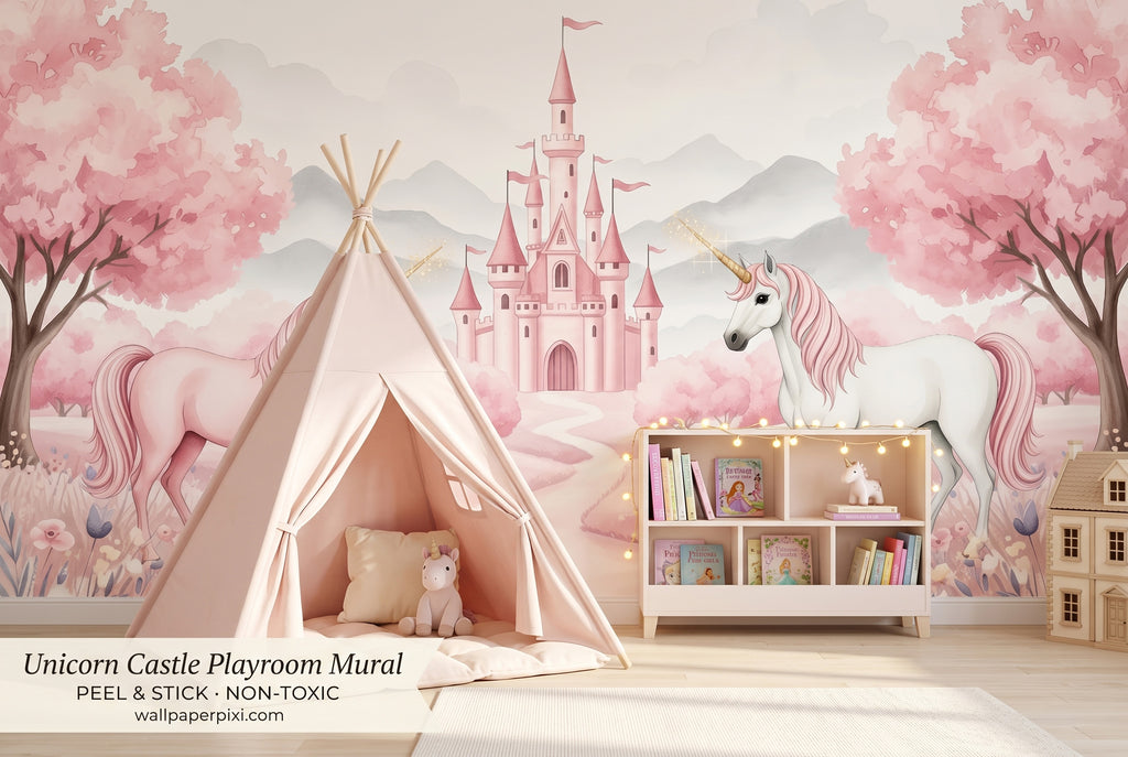 Pink unicorn nursery wall mural in a bright toddler girls playroom with a blush teepee soft play mat fairy lights and unicorn toys.