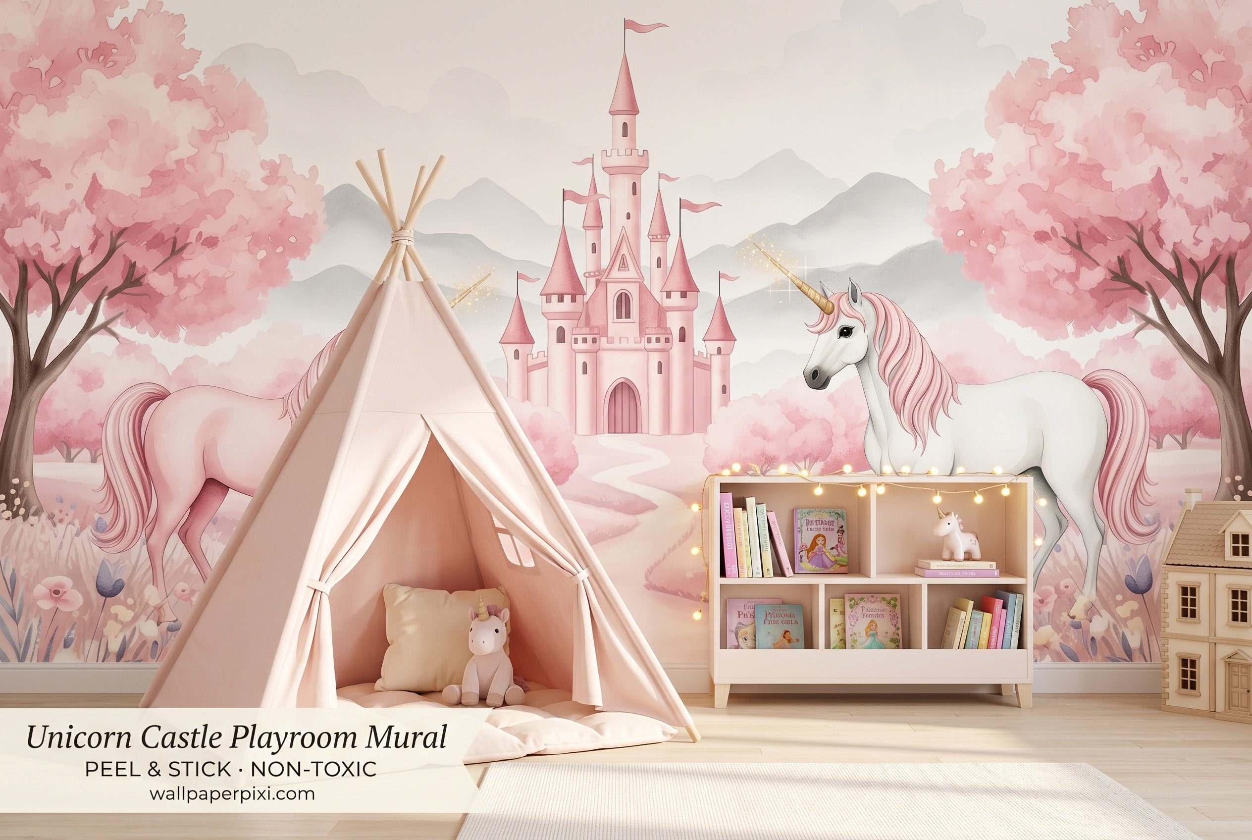 Pink unicorn nursery wall mural in a bright toddler girls playroom with a blush teepee soft play mat fairy lights and unicorn toys.