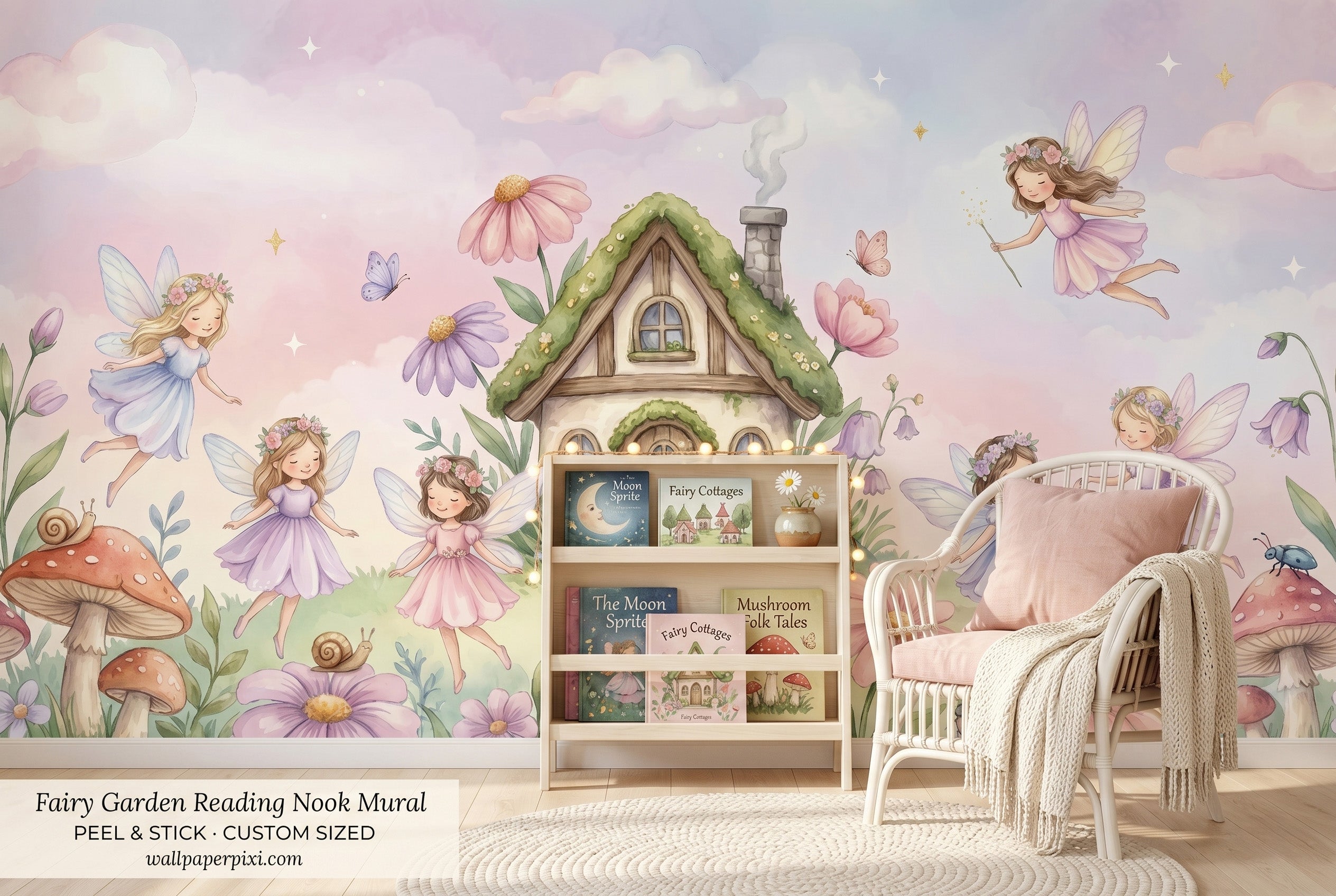 Fairy garden mushroom cottage nursery mural in a bright reading nook with a white rattan chair blush cushion and children's books about fairies
