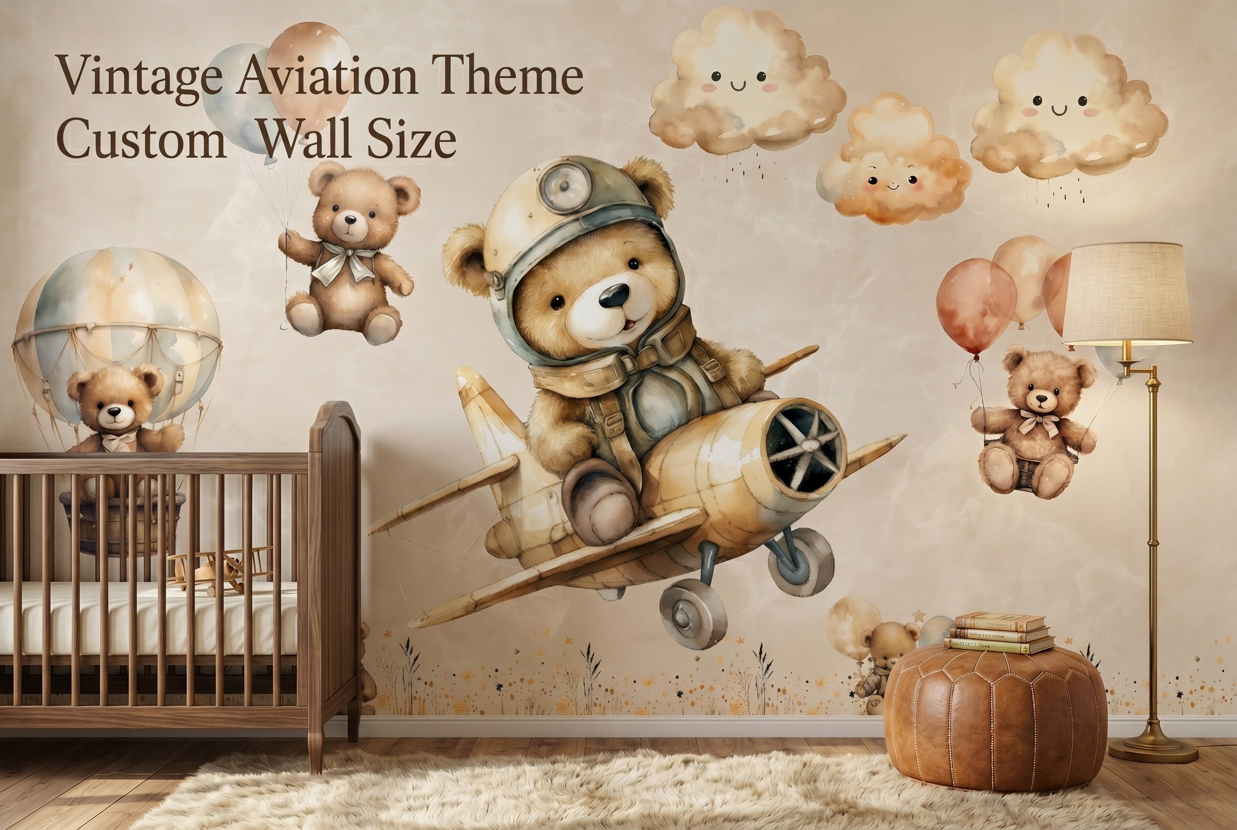 Alt text: Vintage aviator teddy bear wallpaper mural in a classic baby boy room with a wooden crib.