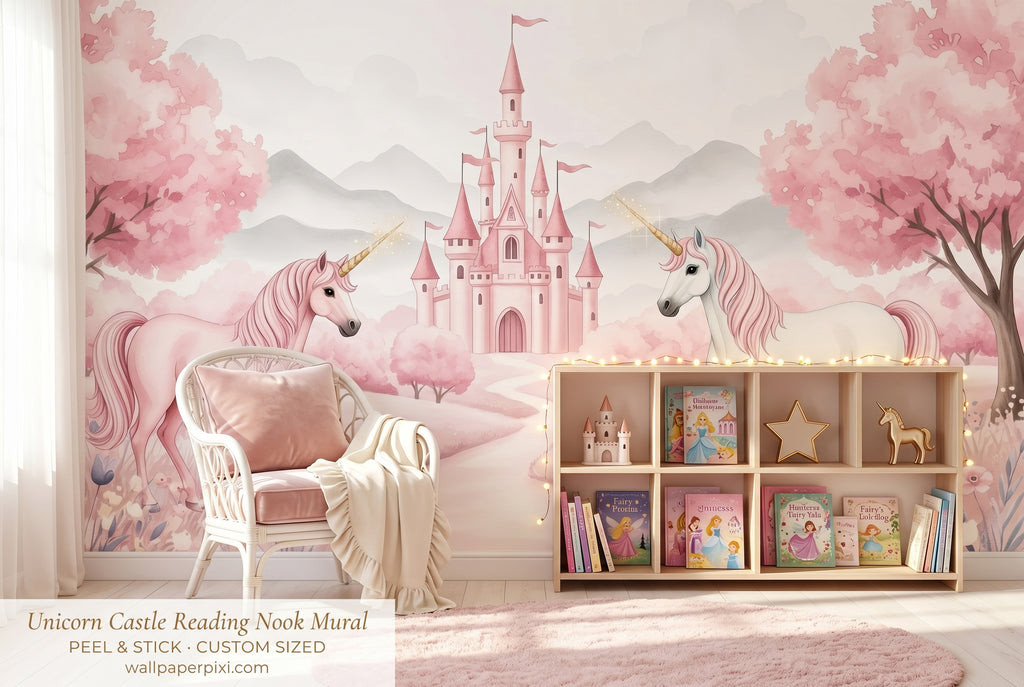 Unicorn castle wall mural in a bright girls reading nook with a white rattan chair blush cushion fairy lights and princess story books.
