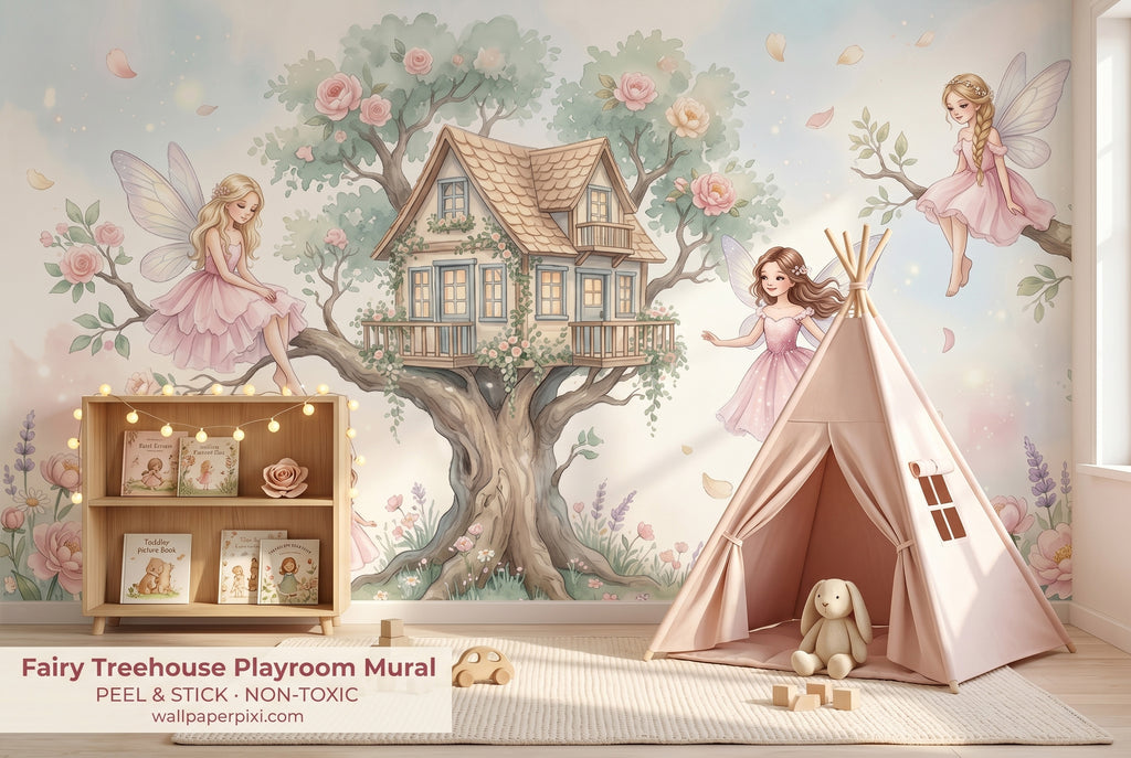 Pink fairy treehouse wall mural in a bright toddler playroom with a blush teepee soft play mat fairy lights and woodland toys