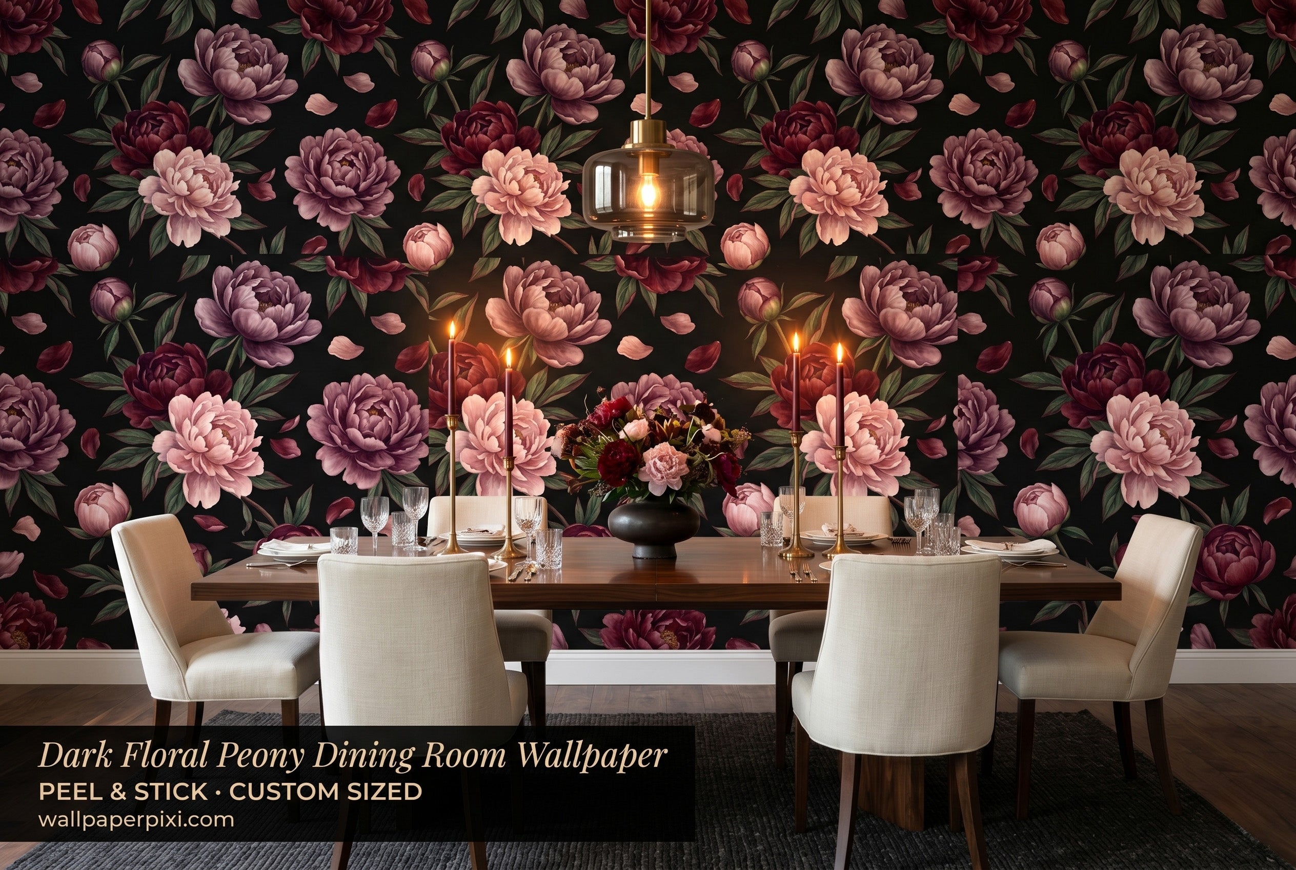 Black burgundy peony floral wallpaper in a bright elegant dining room with a dark walnut table cream chairs brass candleholders and warm candlelight