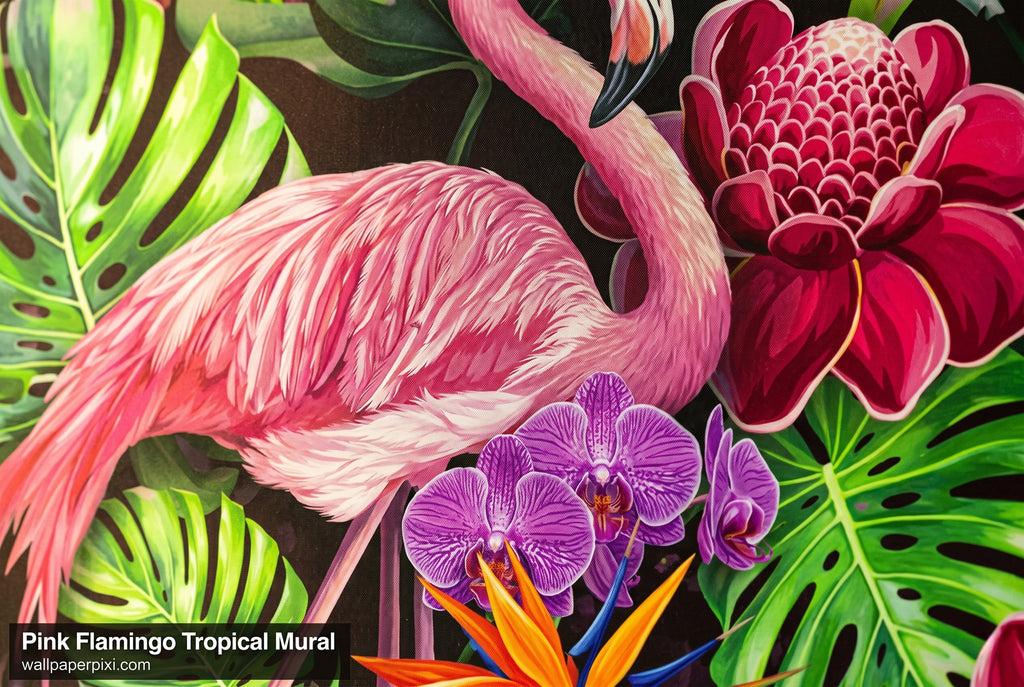 Close-up detail of pink flamingo tropical jungle wallpaper mural showing flamingo feathers orchid petals monstera leaves and bird of paradise blooms