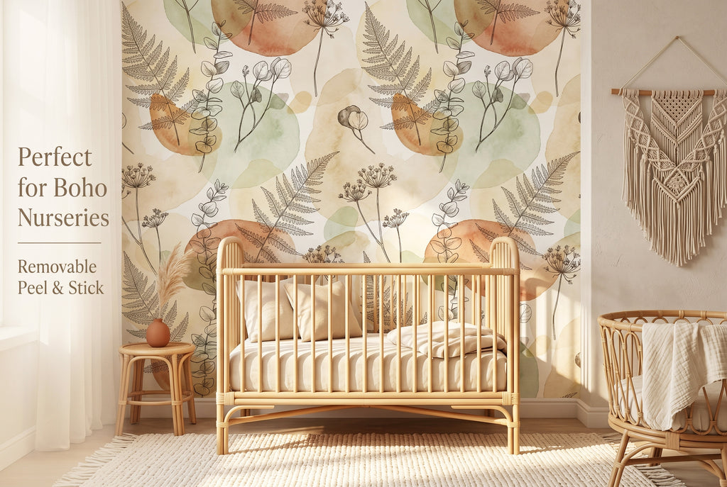 Botanical Wallpaper | Sage Green Boho Watercolour Fern Eucalyptus Design
