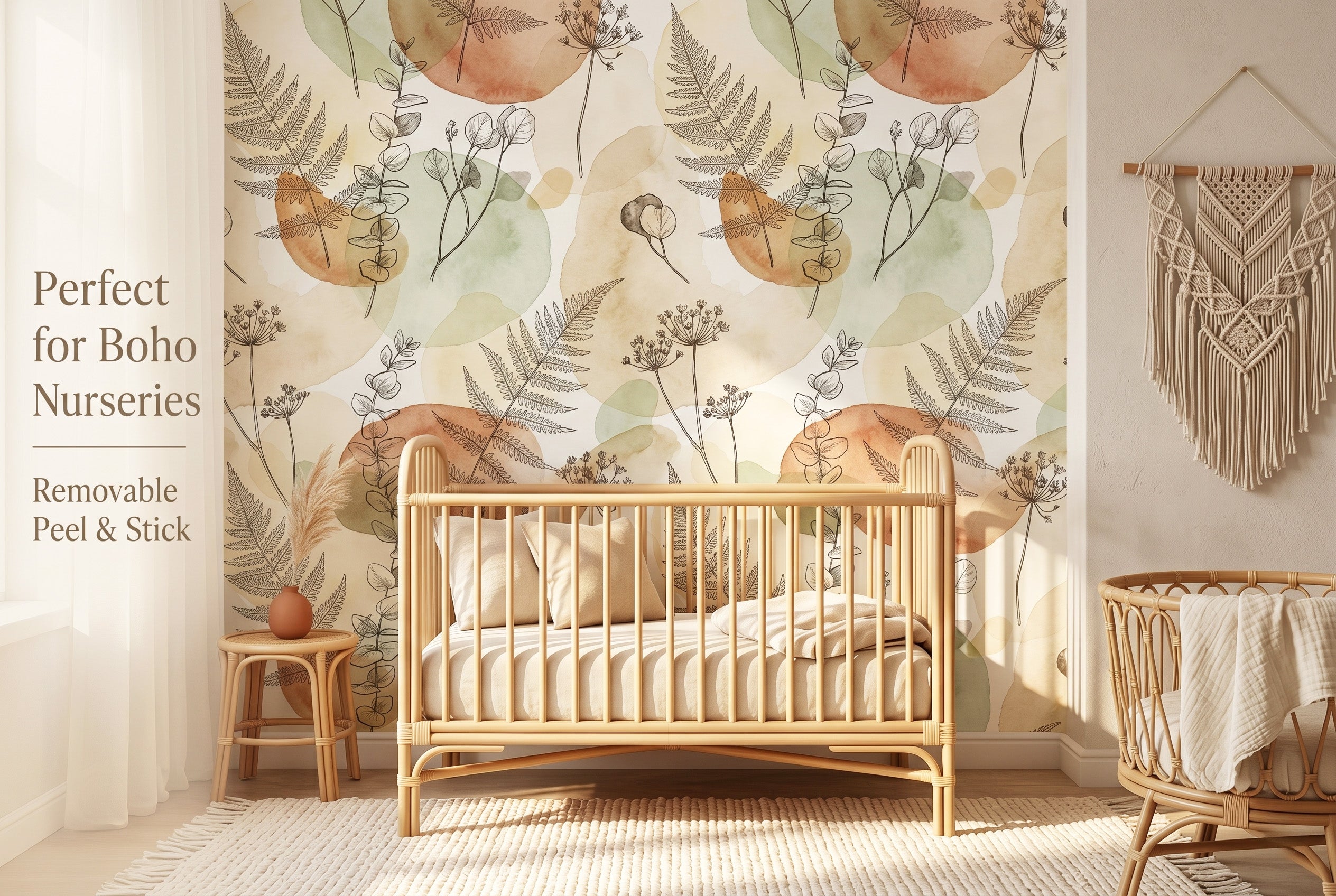 Botanical Wallpaper | Sage Green Boho Watercolour Fern Eucalyptus Design