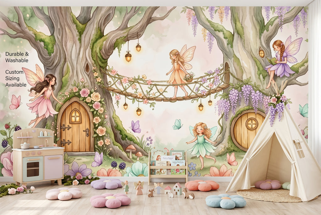 Fairy Treehouse Village Wall Mural | Enchanted Forest Bridge Nursery Watercolour