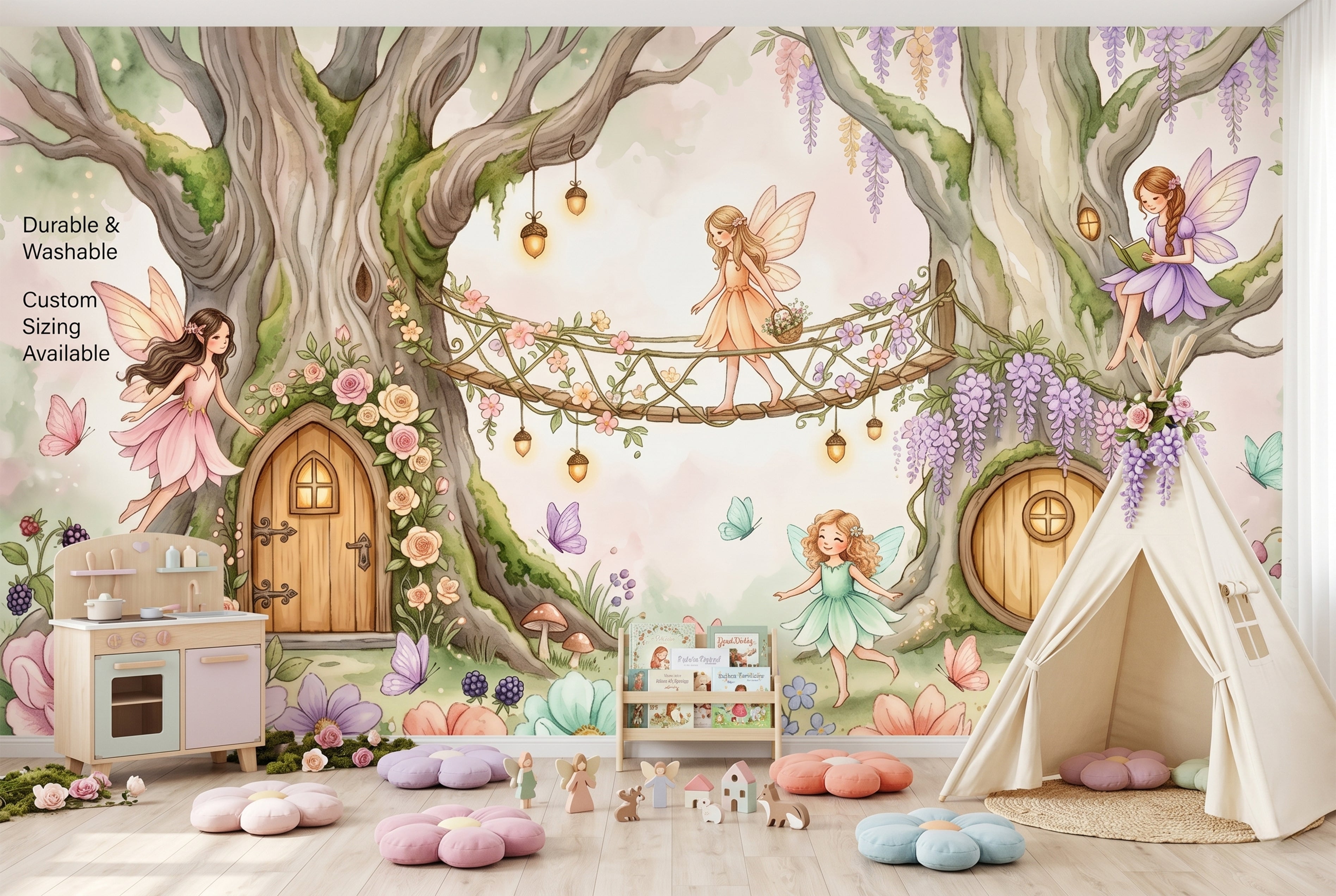 Fairy Treehouse Village Wall Mural | Enchanted Forest Bridge Nursery Watercolour