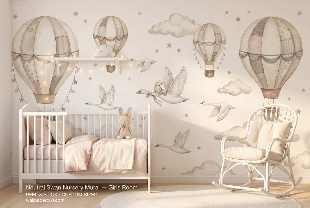 Neutral swan nursery wall mural in a bright girls nursery with a white crib blush bedding a knitted bunny and warm fairy lights