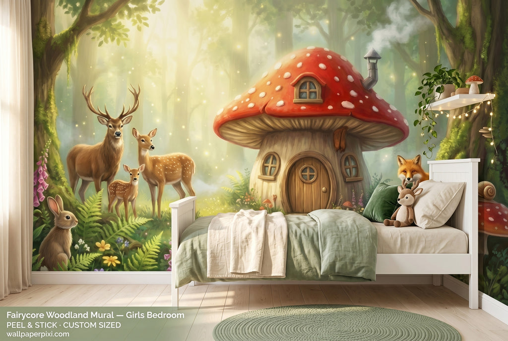Woodland Mushroom House Peel and Stick Wallpaper, Forest Animals Nursery Mural for Kids