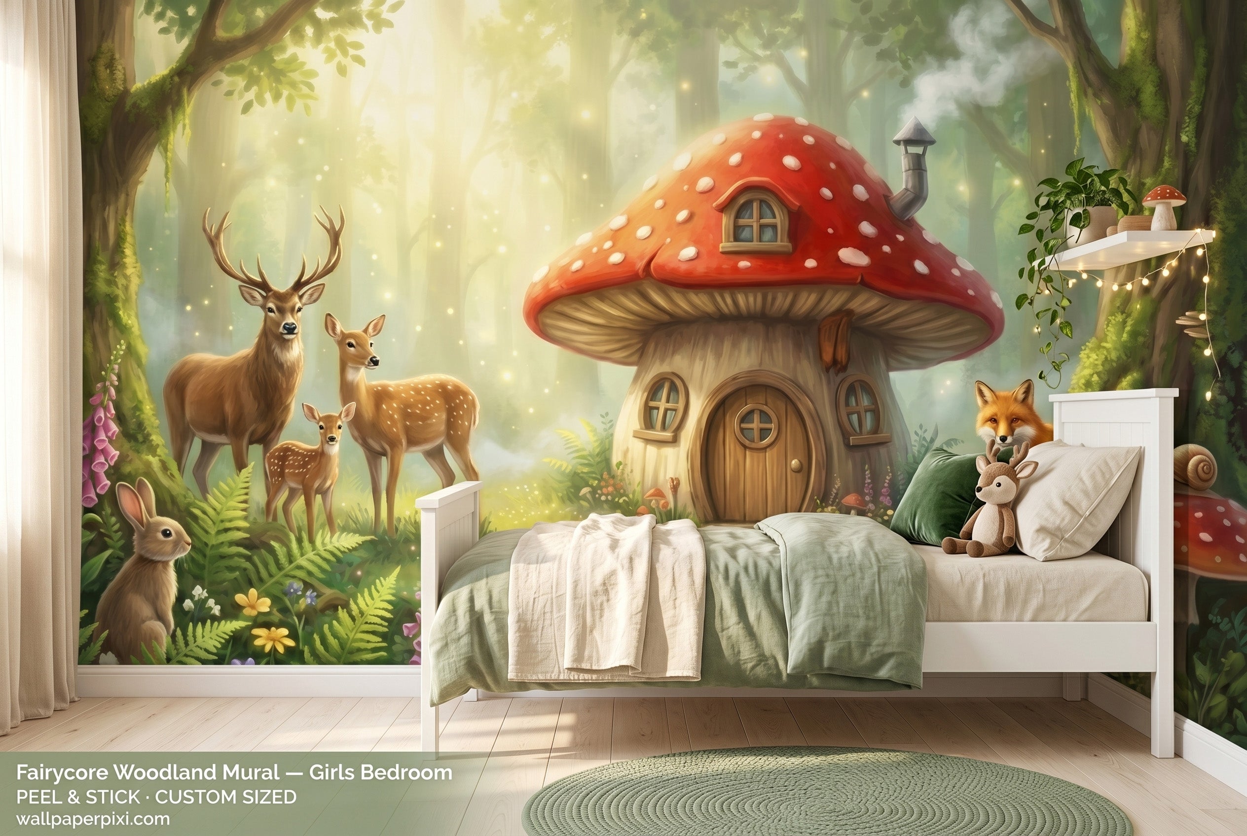Woodland Mushroom House Peel and Stick Wallpaper, Forest Animals Nursery Mural for Kids