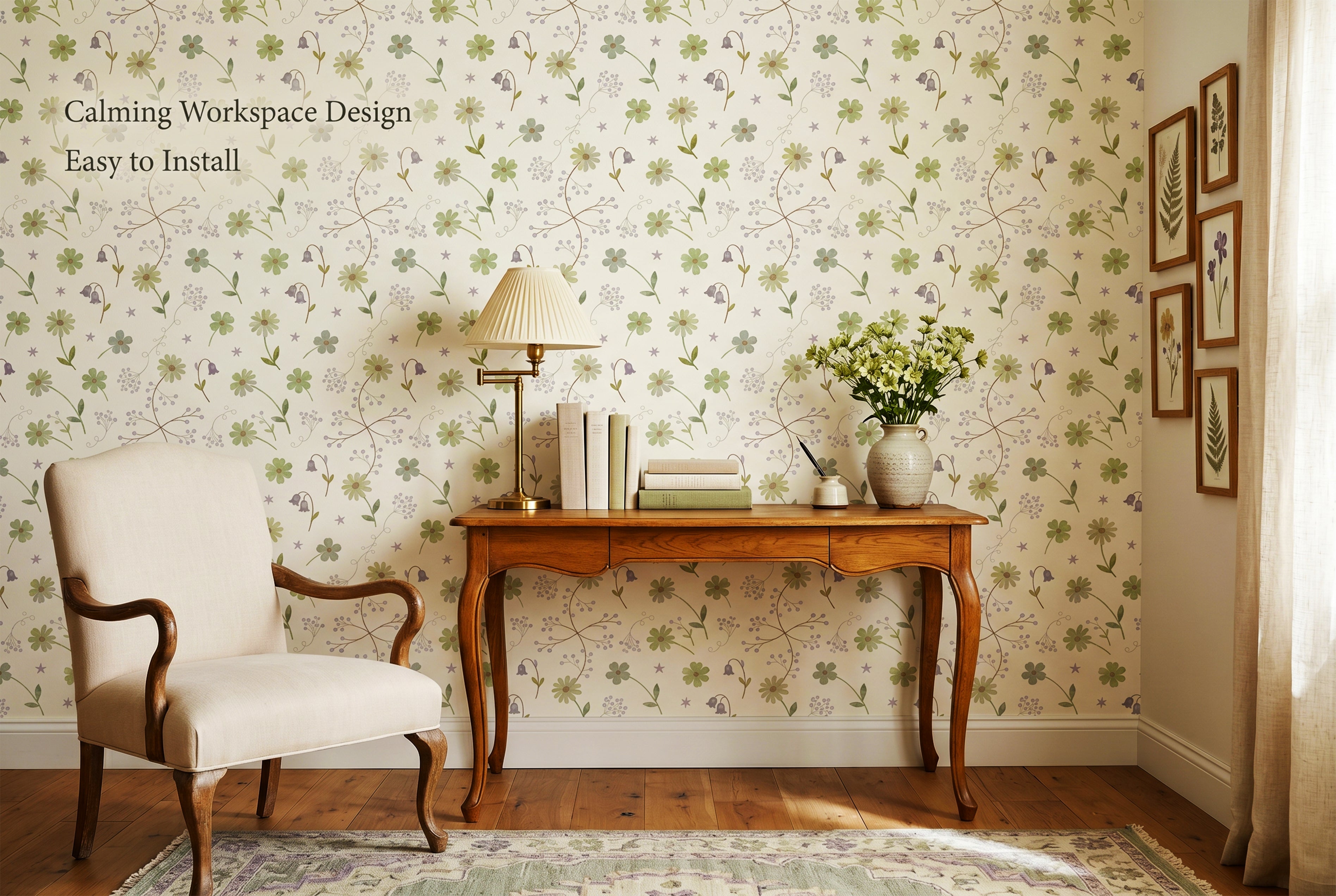 Gentle sage green floral peel and stick wallpaper in a serene nursery