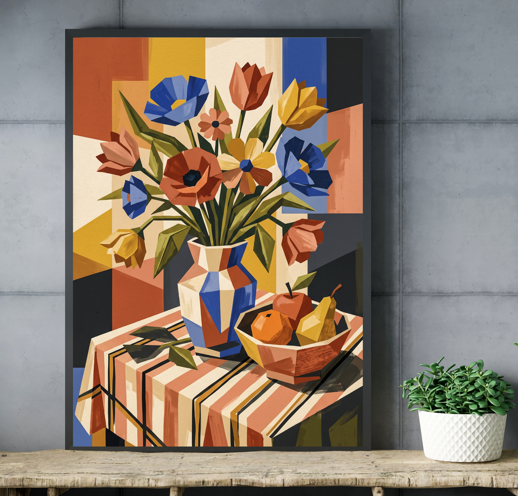 Abstract faceted fruit and flower vase wall decor displayed beautifully in a contemporary kitchen