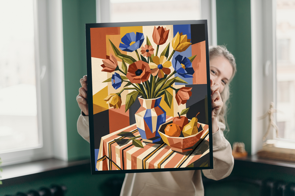 Detail view showing the sharp geometric angles, blue patterned vase, and striped tablecloth of the cubist print