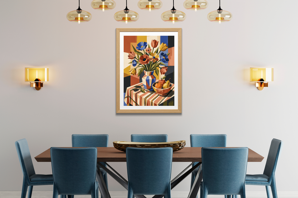 Geometric cubist floral still life canvas print styling a modern mid-century dining room