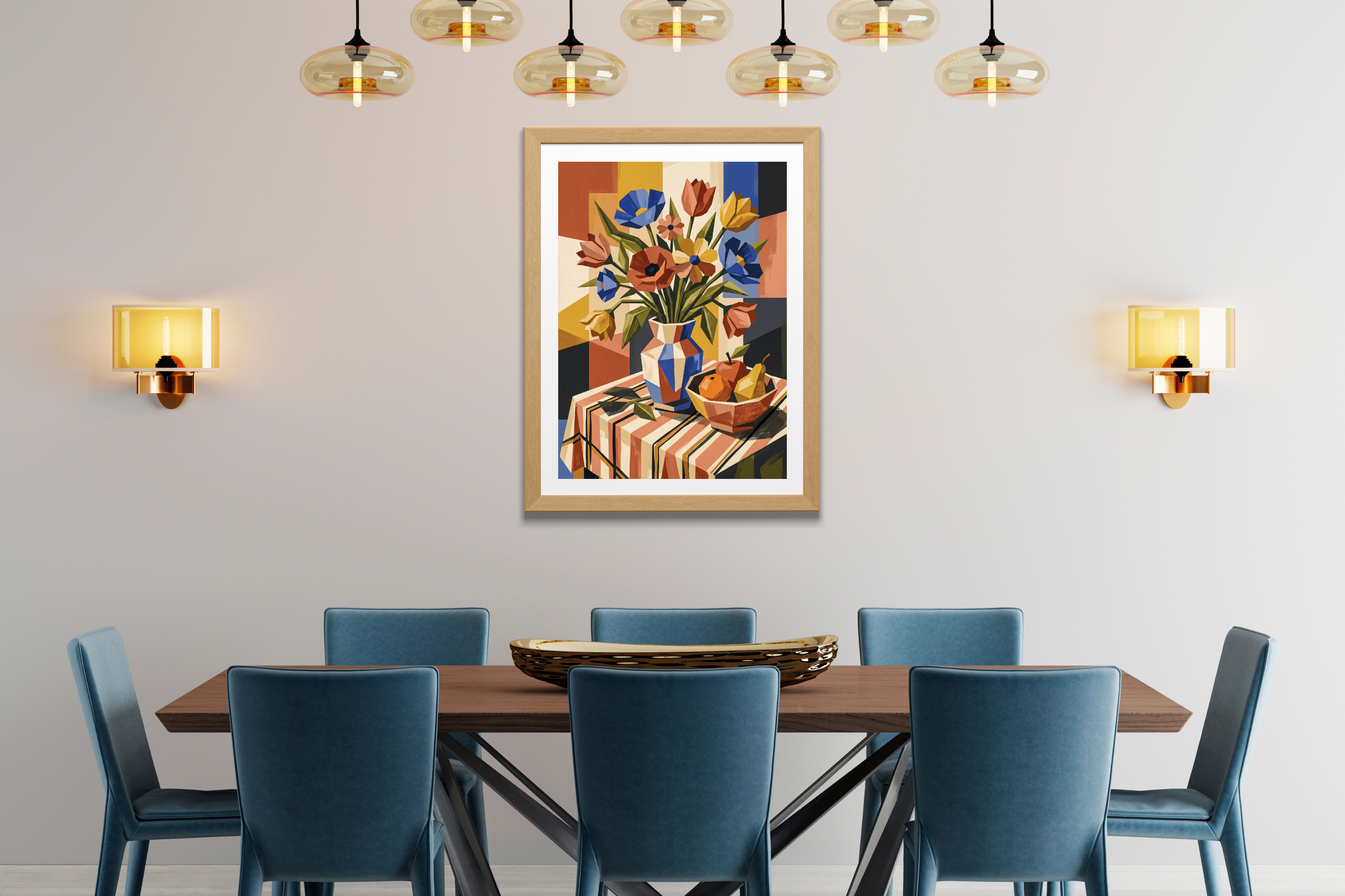 Geometric cubist floral still life canvas print styling a modern mid-century dining room