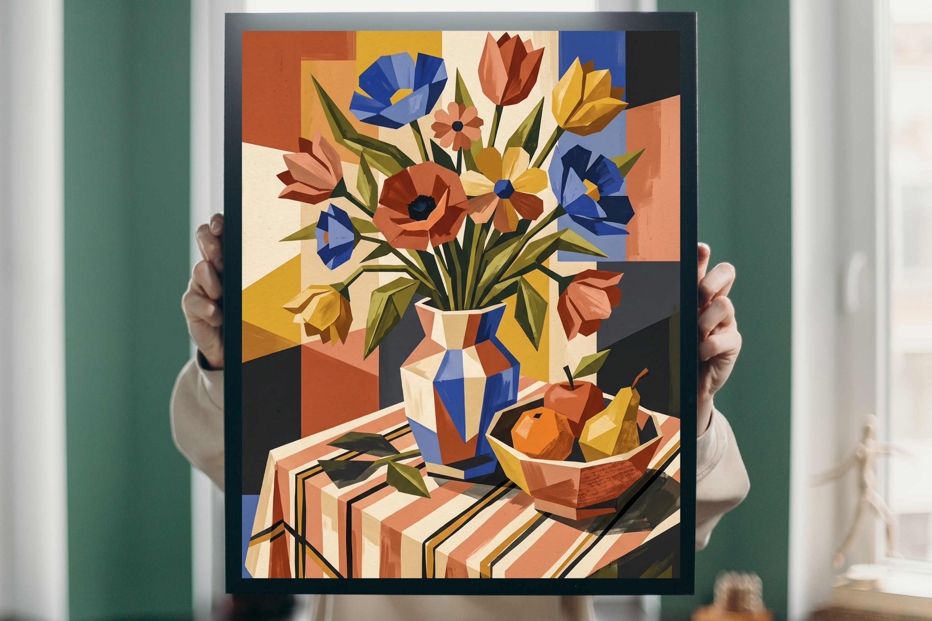 Structured modern abstract floral painting creating an inspiring and artsy backdrop in a home workspace
