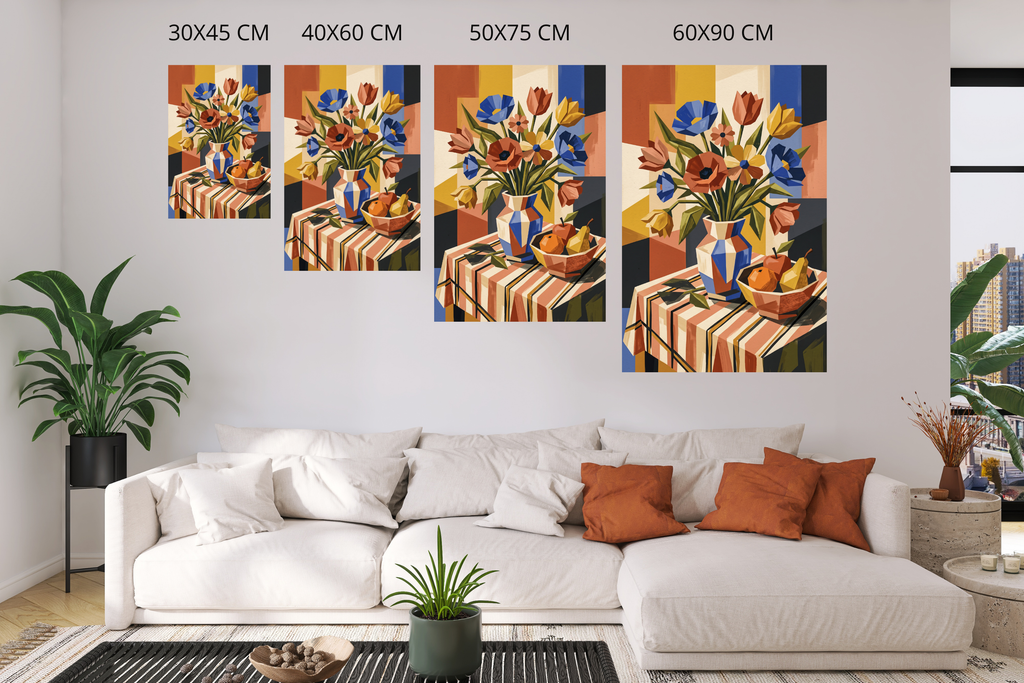 Vibrant modern geometric still life art adding bold structure and color to a stylish living space