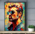 Colorful pop icon palette knife portrait wall decor in a creative music studio