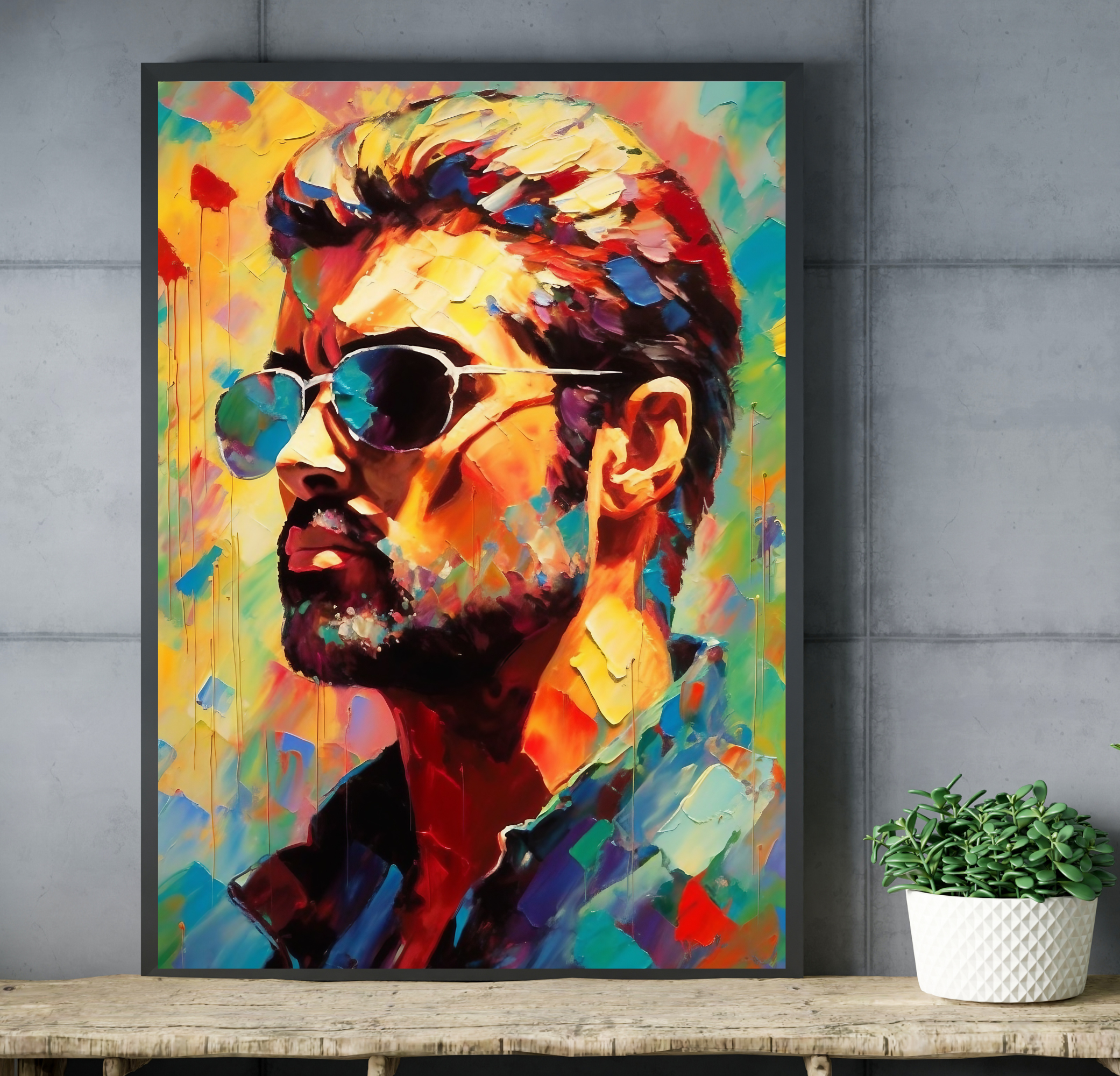 Colorful pop icon palette knife portrait wall decor in a creative music studio