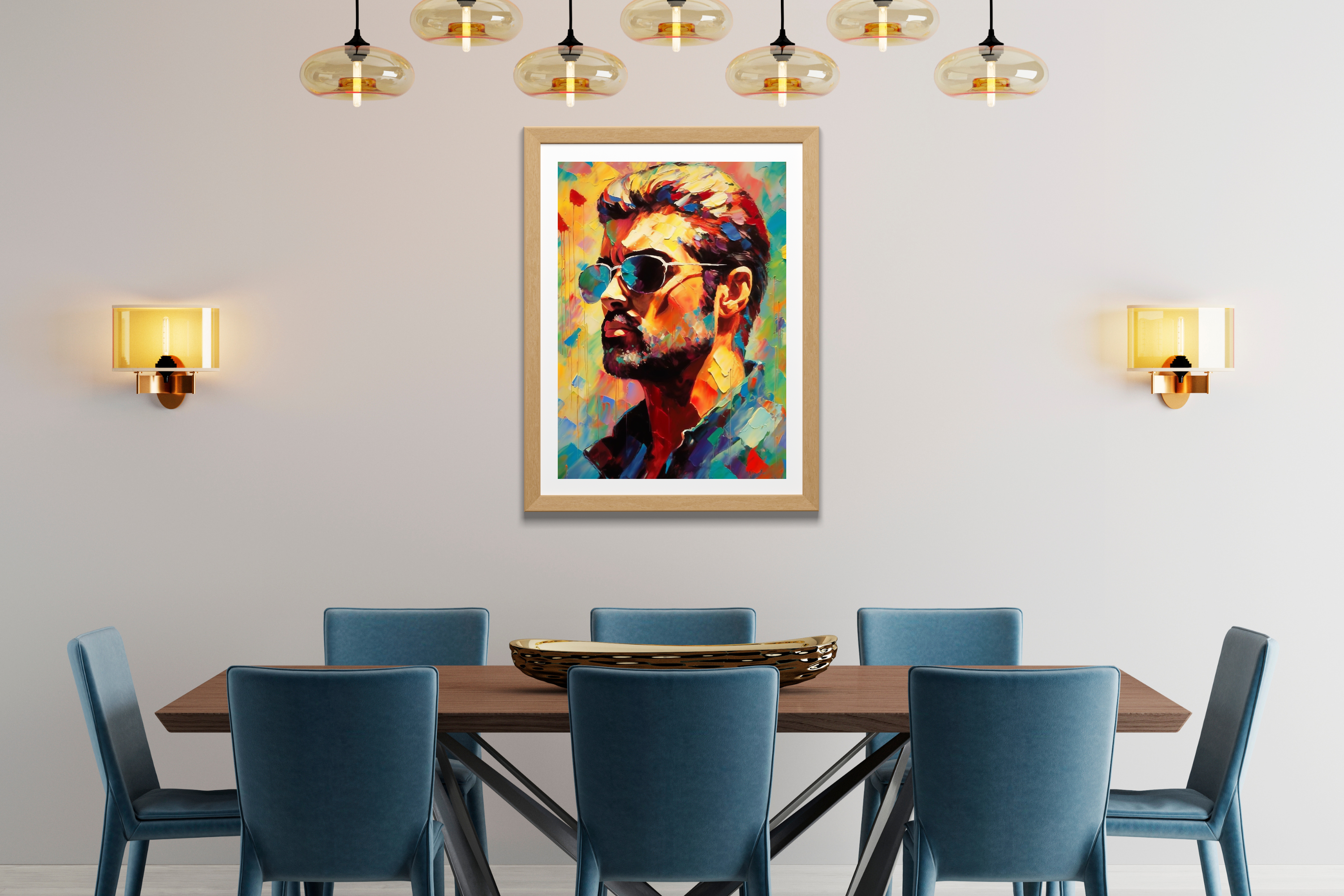 Dynamic music legend wall art adding bold creative energy to a stylish workspace