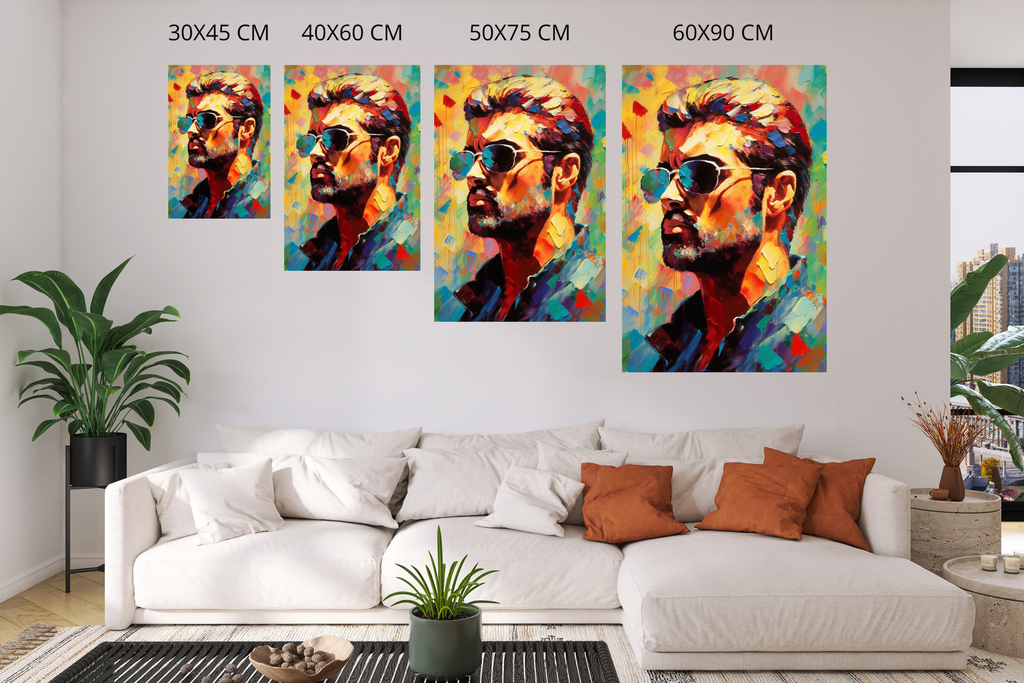 Vibrant abstract George Michael inspired canvas print above a modern leather sofa