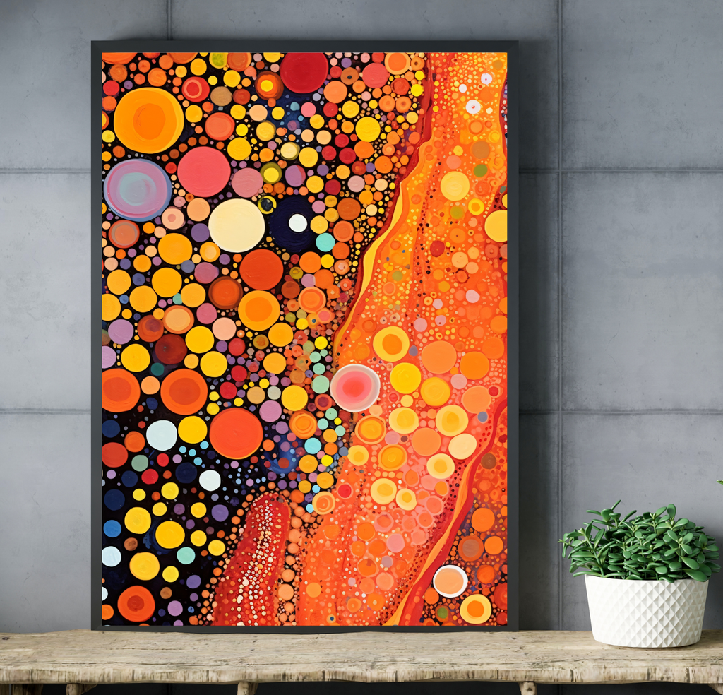 Warm orange pointillist geometric wall decor displayed in an inspiring creative workspace