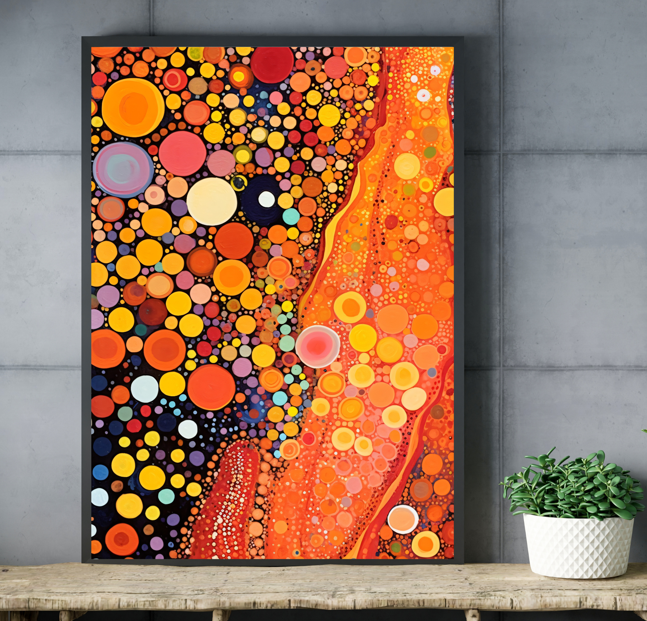 Warm orange pointillist geometric wall decor displayed in an inspiring creative workspace
