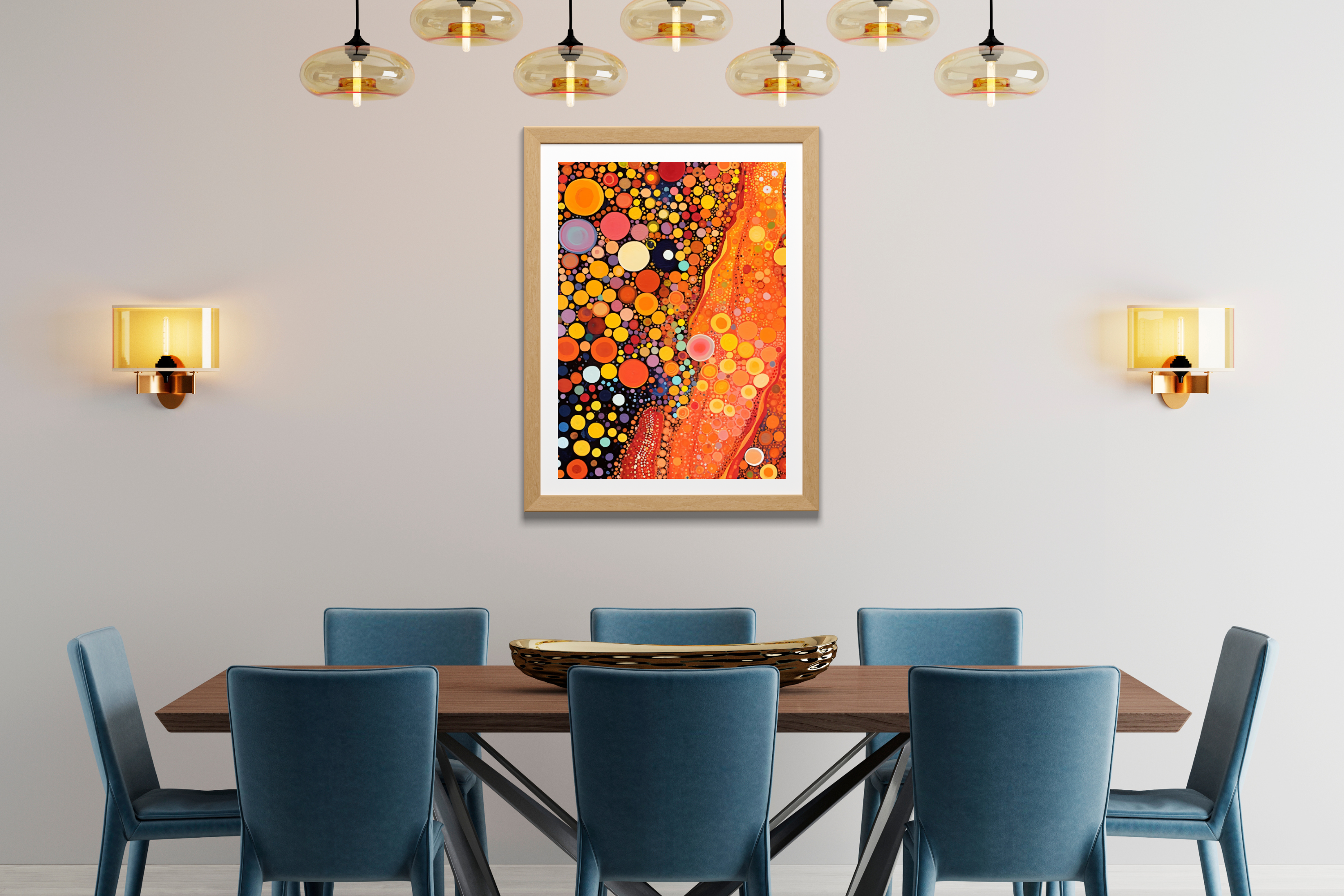 Maximalist warm abstract art print welcoming guests in a chic contemporary entryway