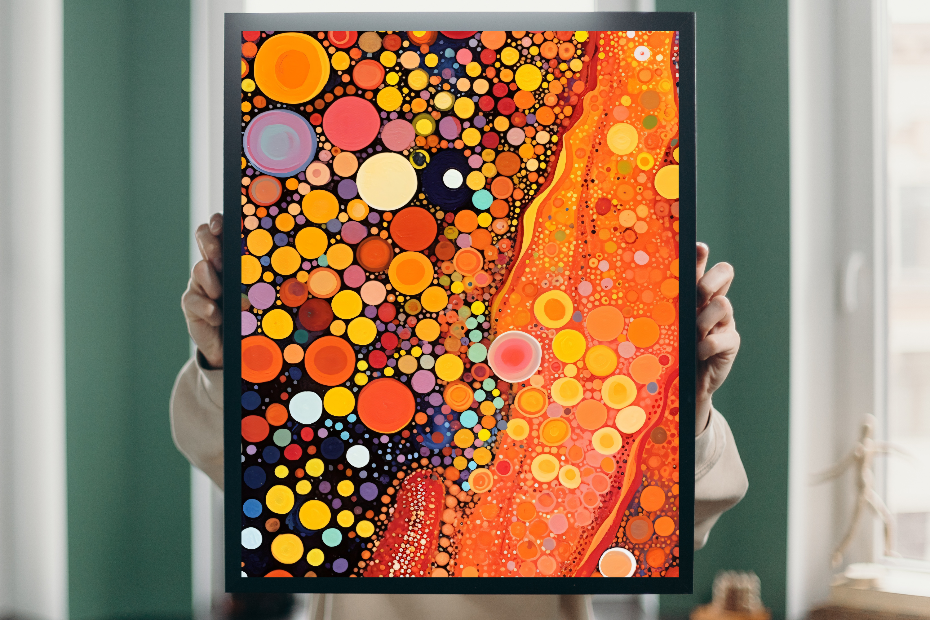 Detail view showing the highly saturated glowing orange, yellow, and red dots against a dark abstract background