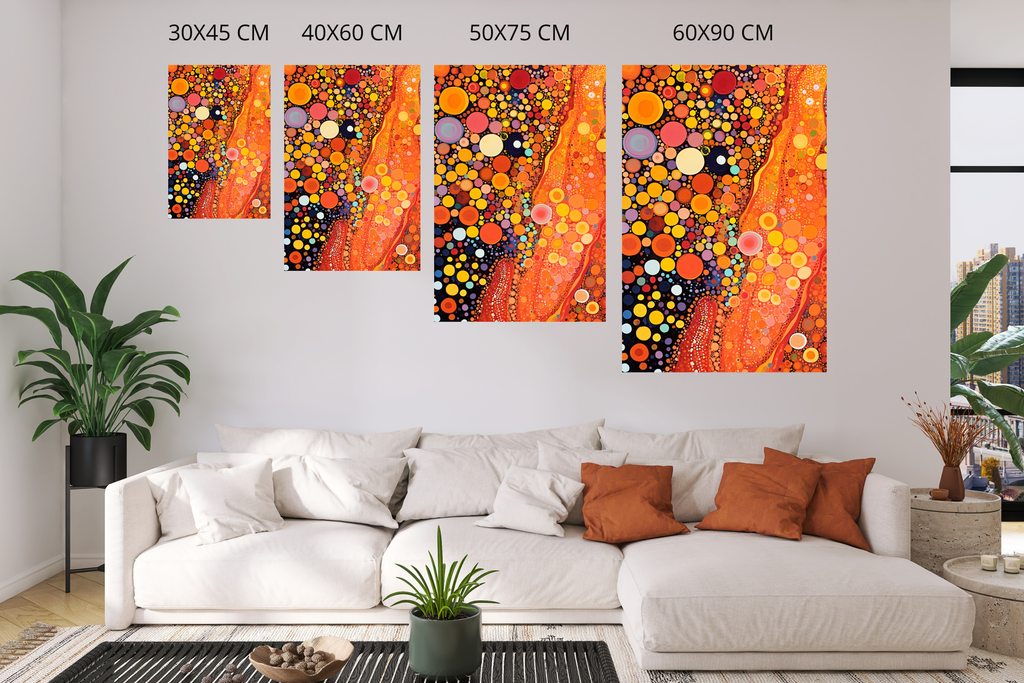 Glowing abstract cellular dot art canvas print hanging over a dark modern sofa